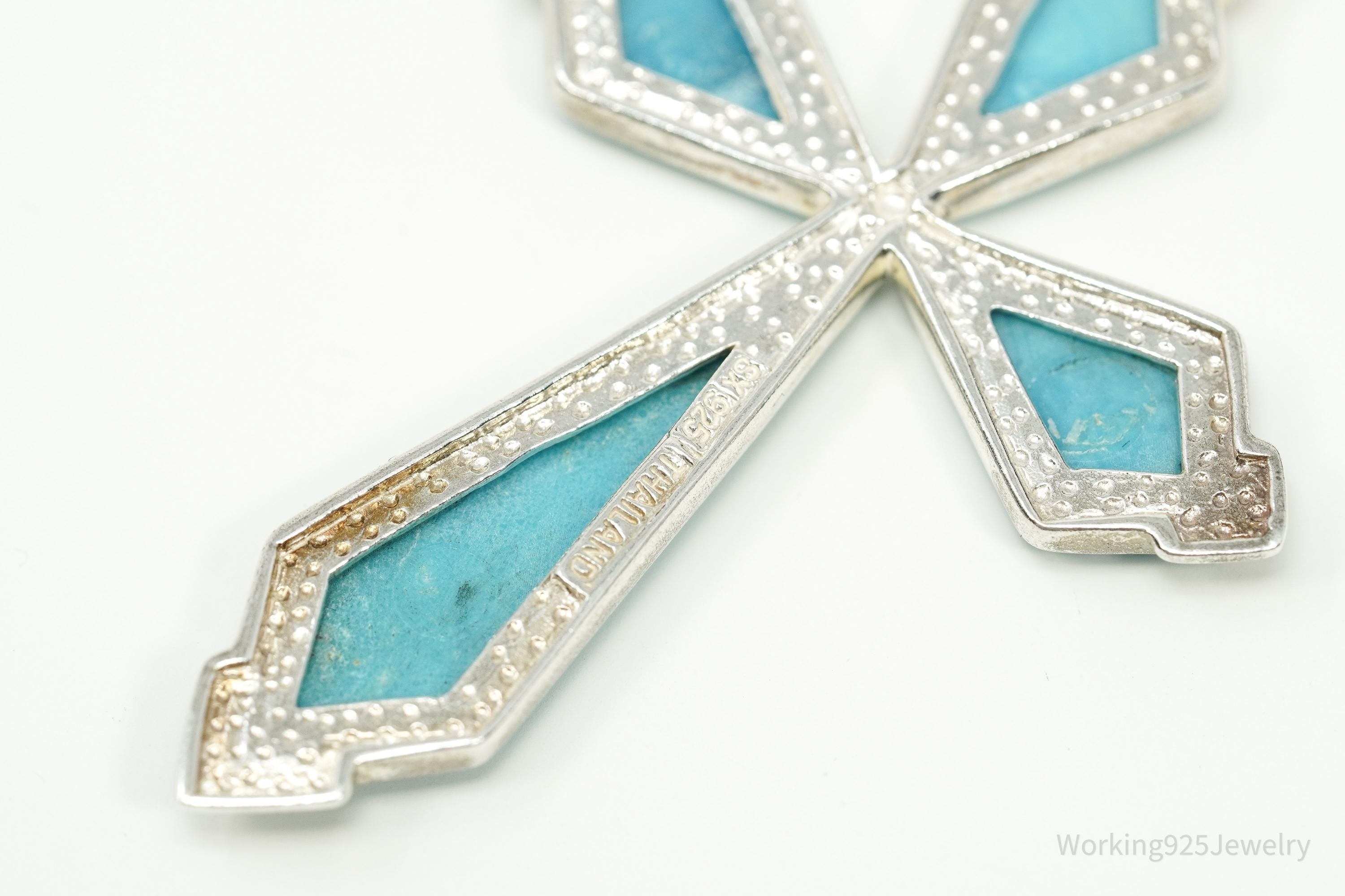 Large Vintage SX Designer Turquoise Inlay Cross Sterling Silver Pendant 3"