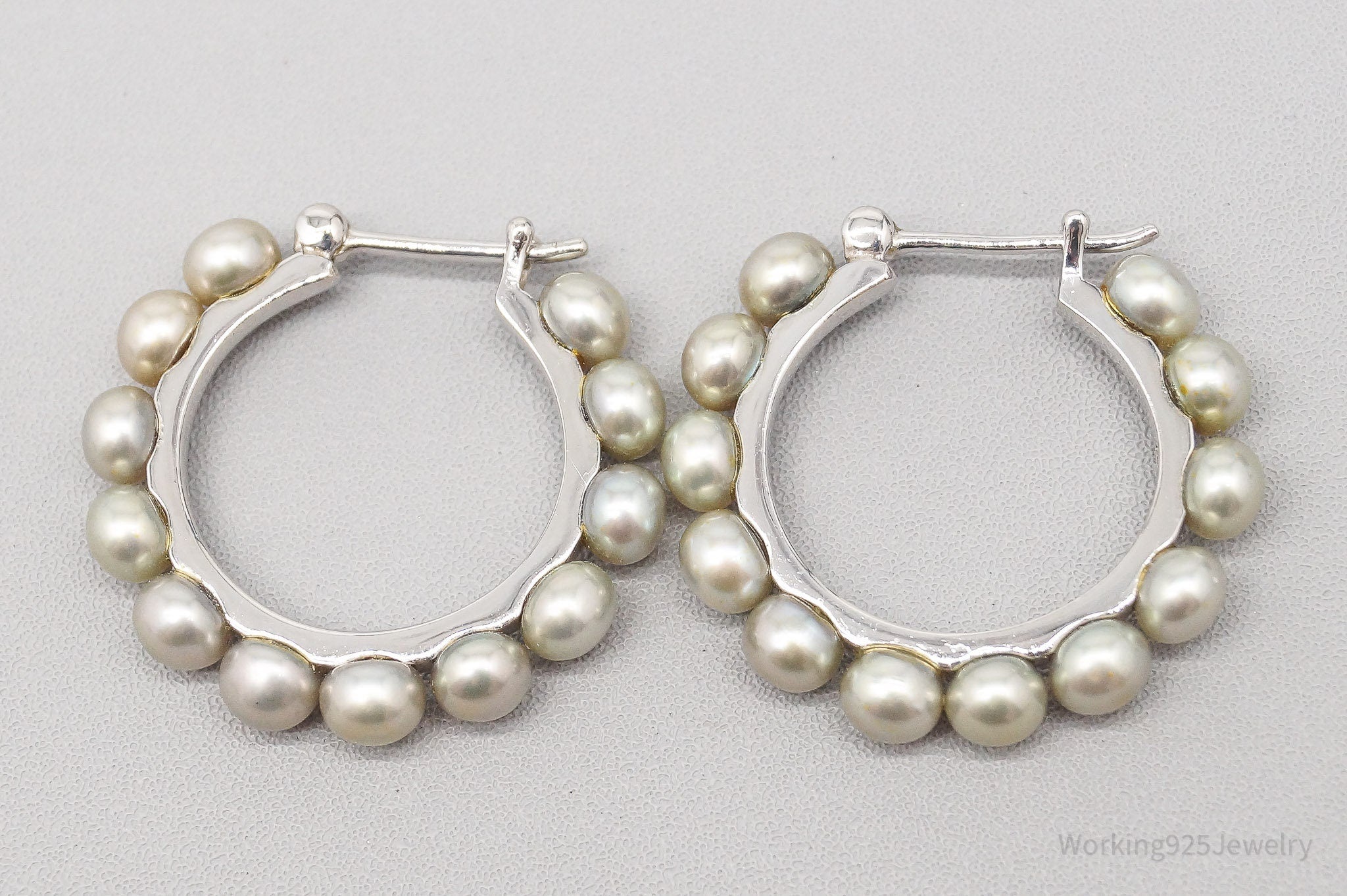 Vintage Pearl Sterling Silver Hoop Earrings