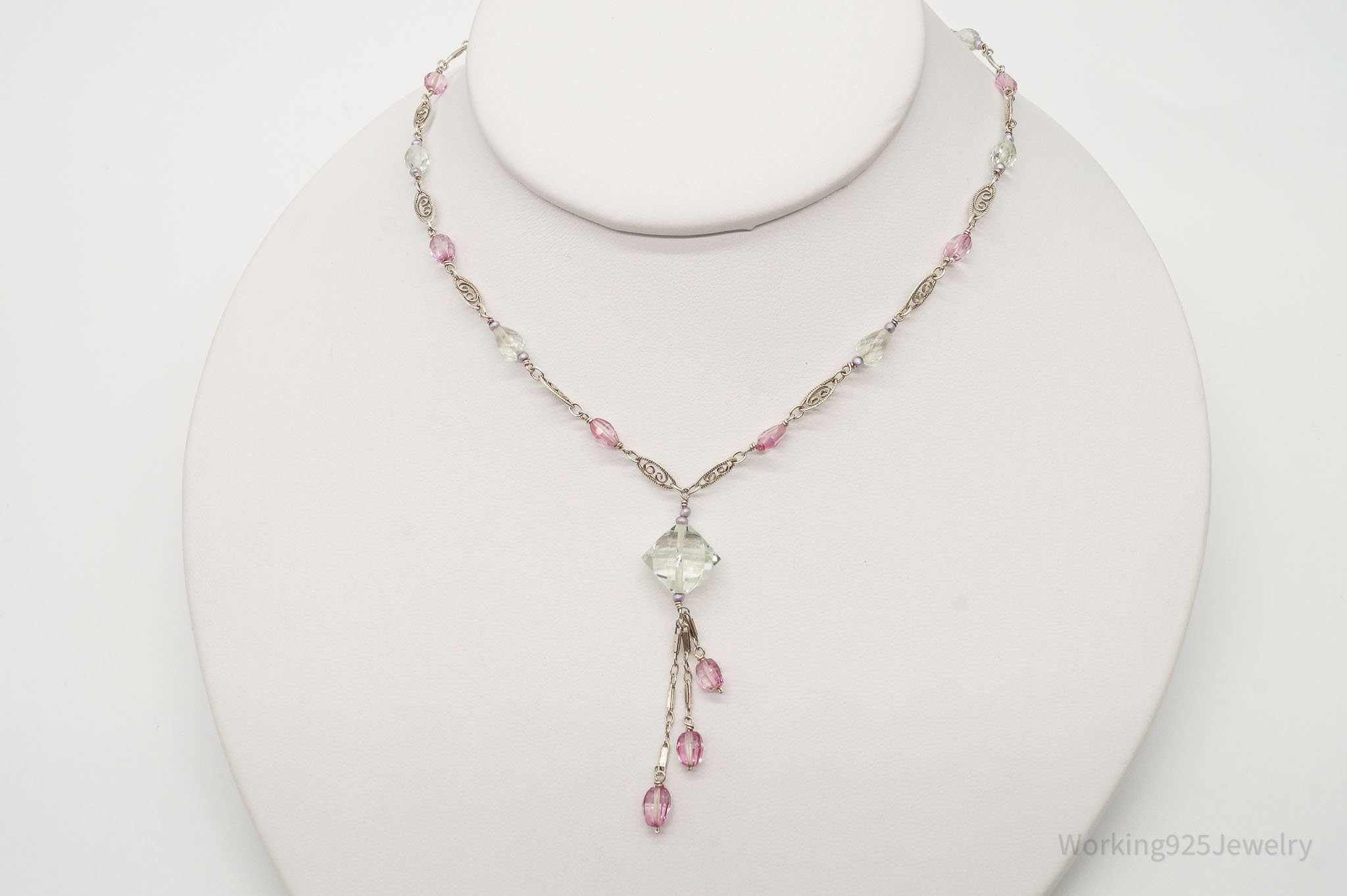 Vintage Prasiolite Pink Topaz Seed Pearls Sterling Silver Necklace