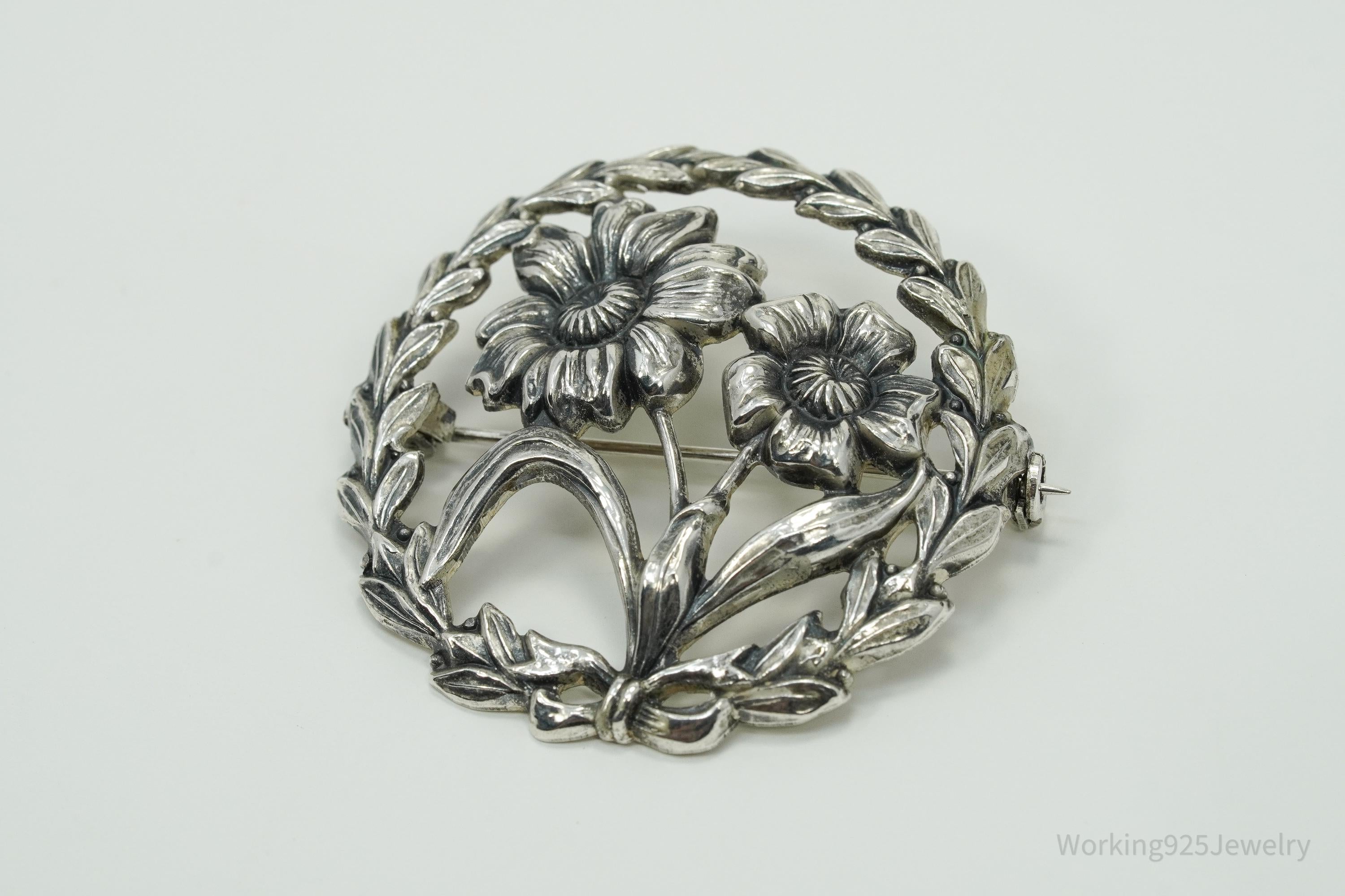 Antique Floral Wreath Sterling Silver Brooch Pin