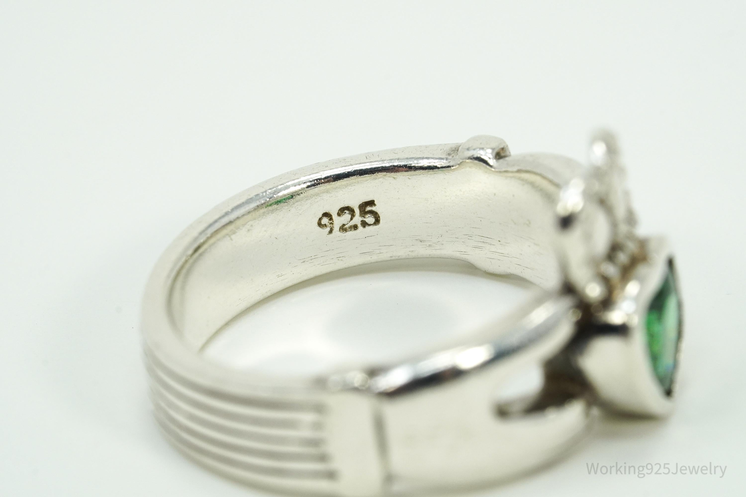 Vintage Green Tourmaline Heart Claddagh Sterling Silver Ring - Size 7.75