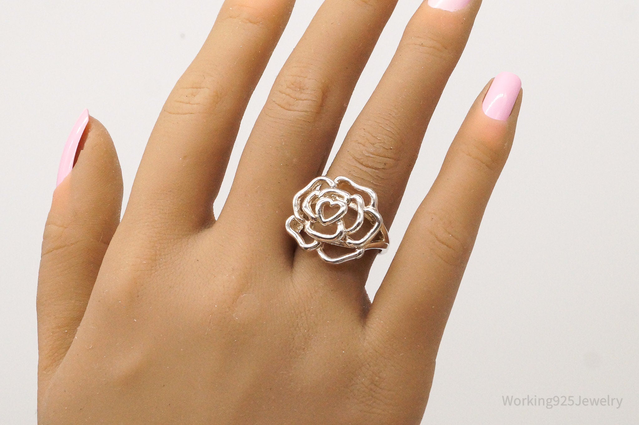 Vintage Rose Flower Cut Out Sterling Silver Ring - Size 7