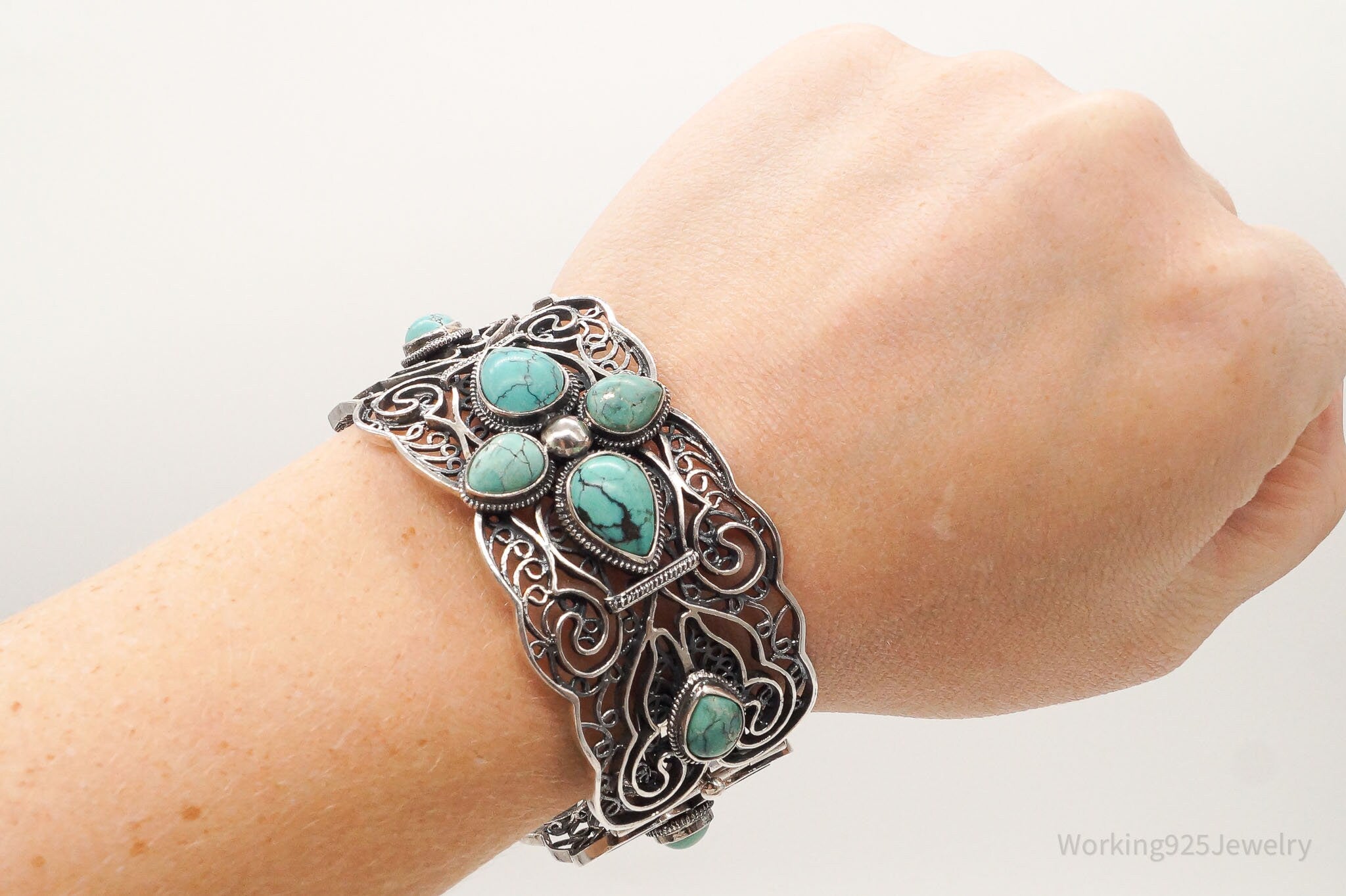 Sterling Silver Turquoise 2024 Filigree Cuff Bracelet