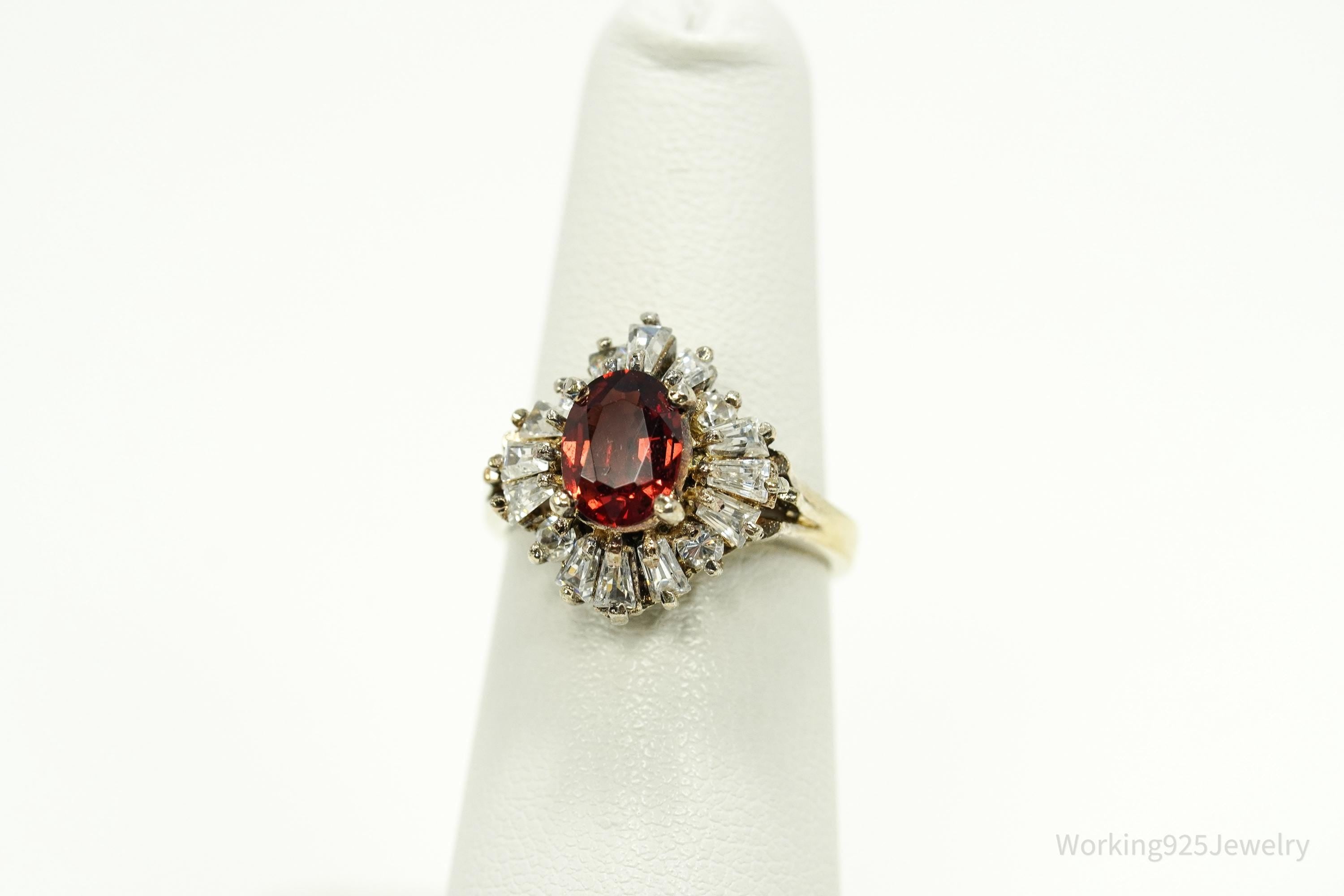 Vintage Garnet & Cubic Zirconia Gold Over Sterling Silver Ring Size 5.75