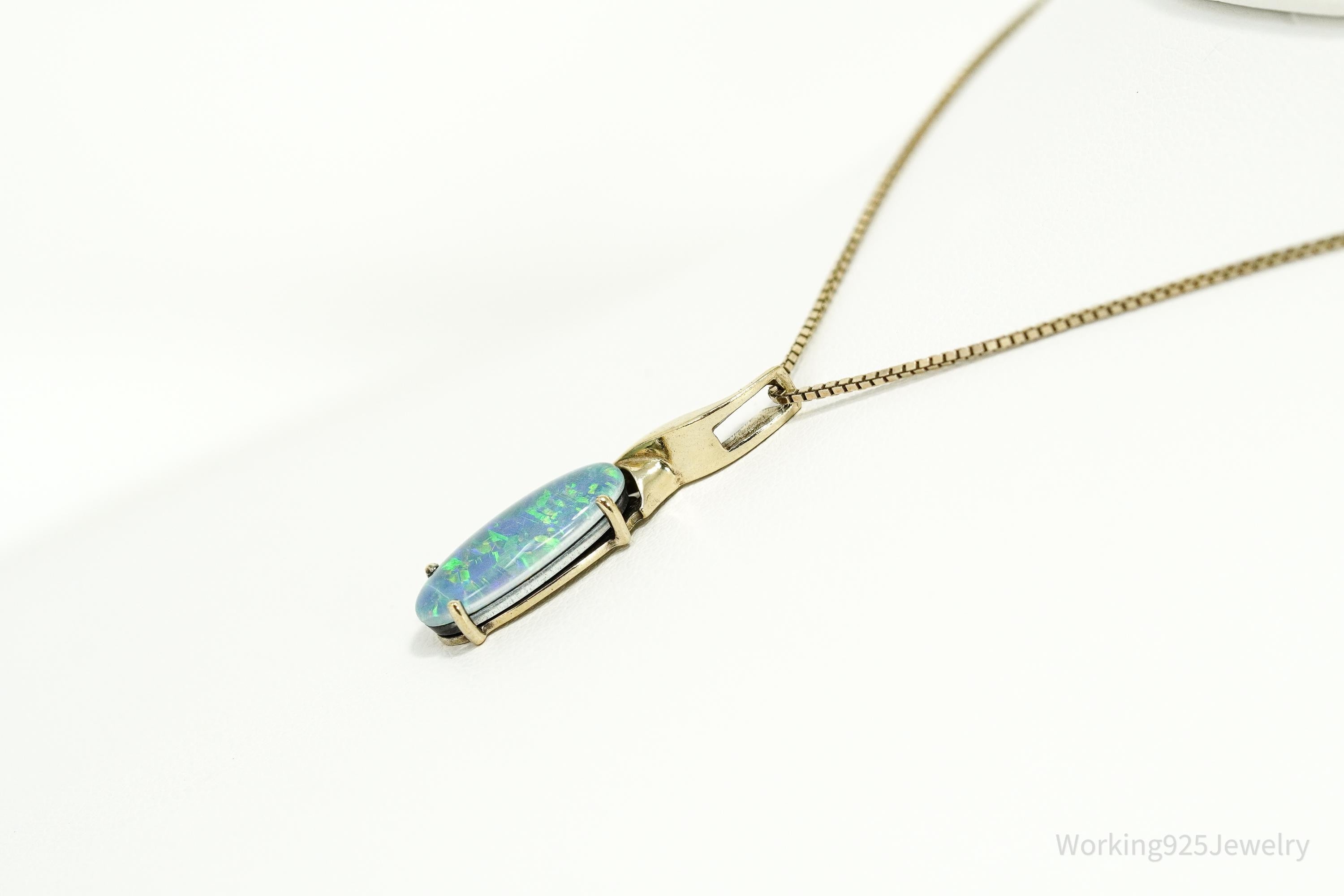 Vintage Blue Opal Triplet Gold Vermeil Sterling Silver Necklace 18"