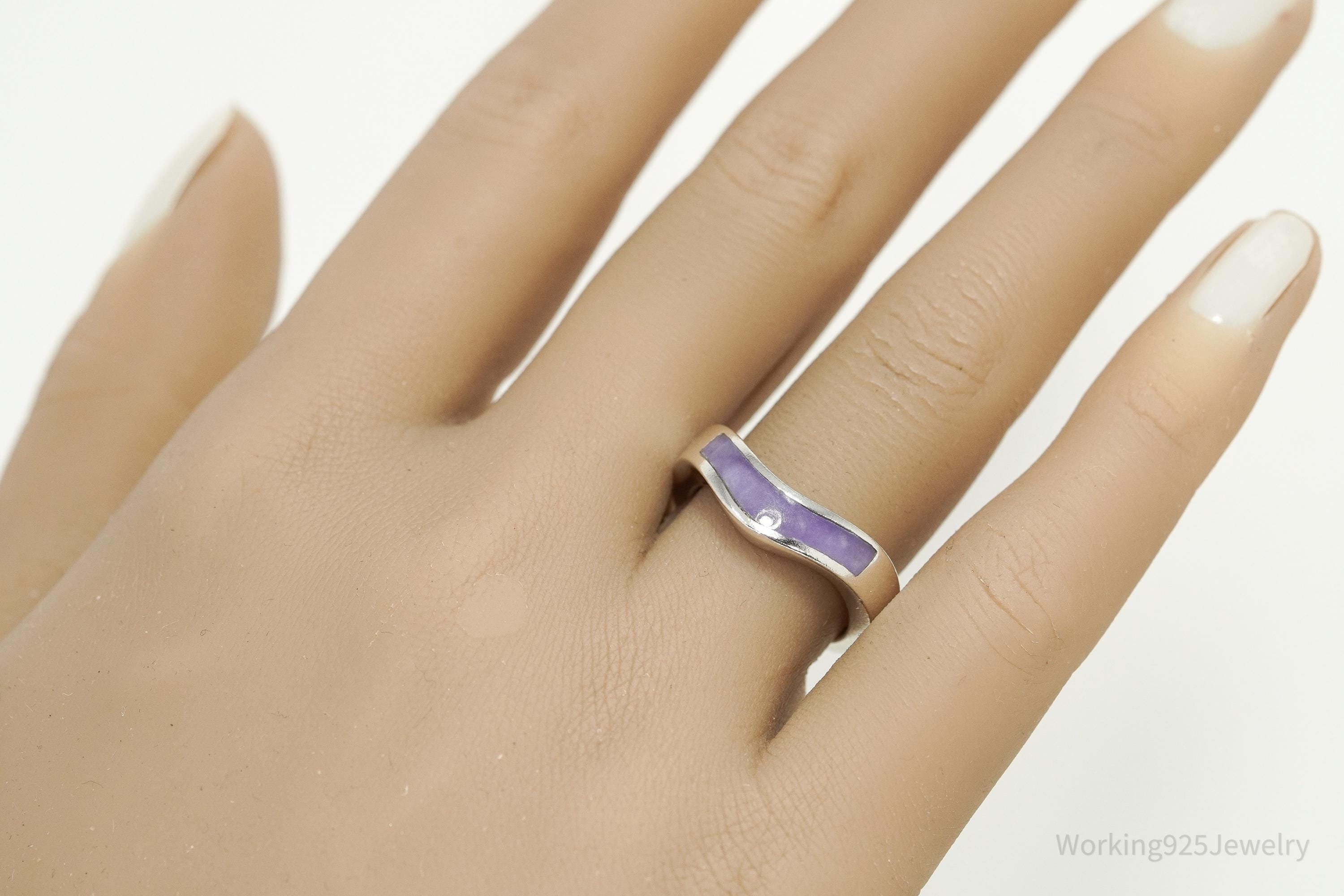 Vintage Purple Stone Inlay Sterling Silver Band Ring – Size 7