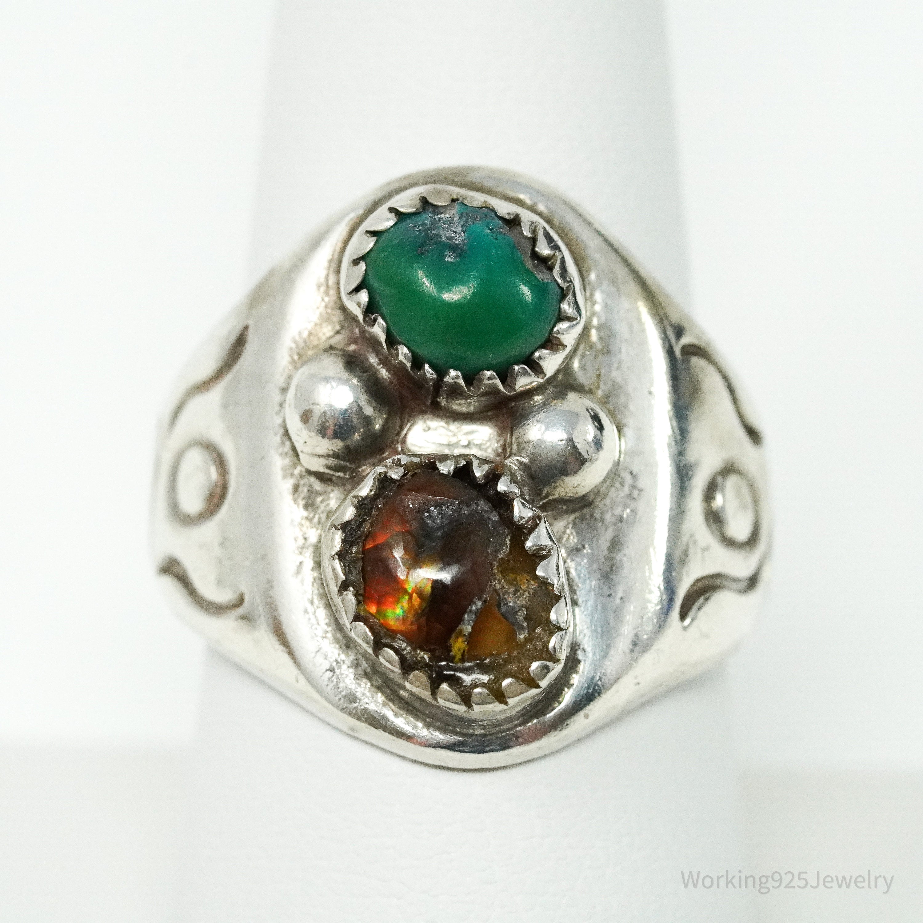 Vintage Native American Opal & Turquoise Handmade Silver Ring - Size 9