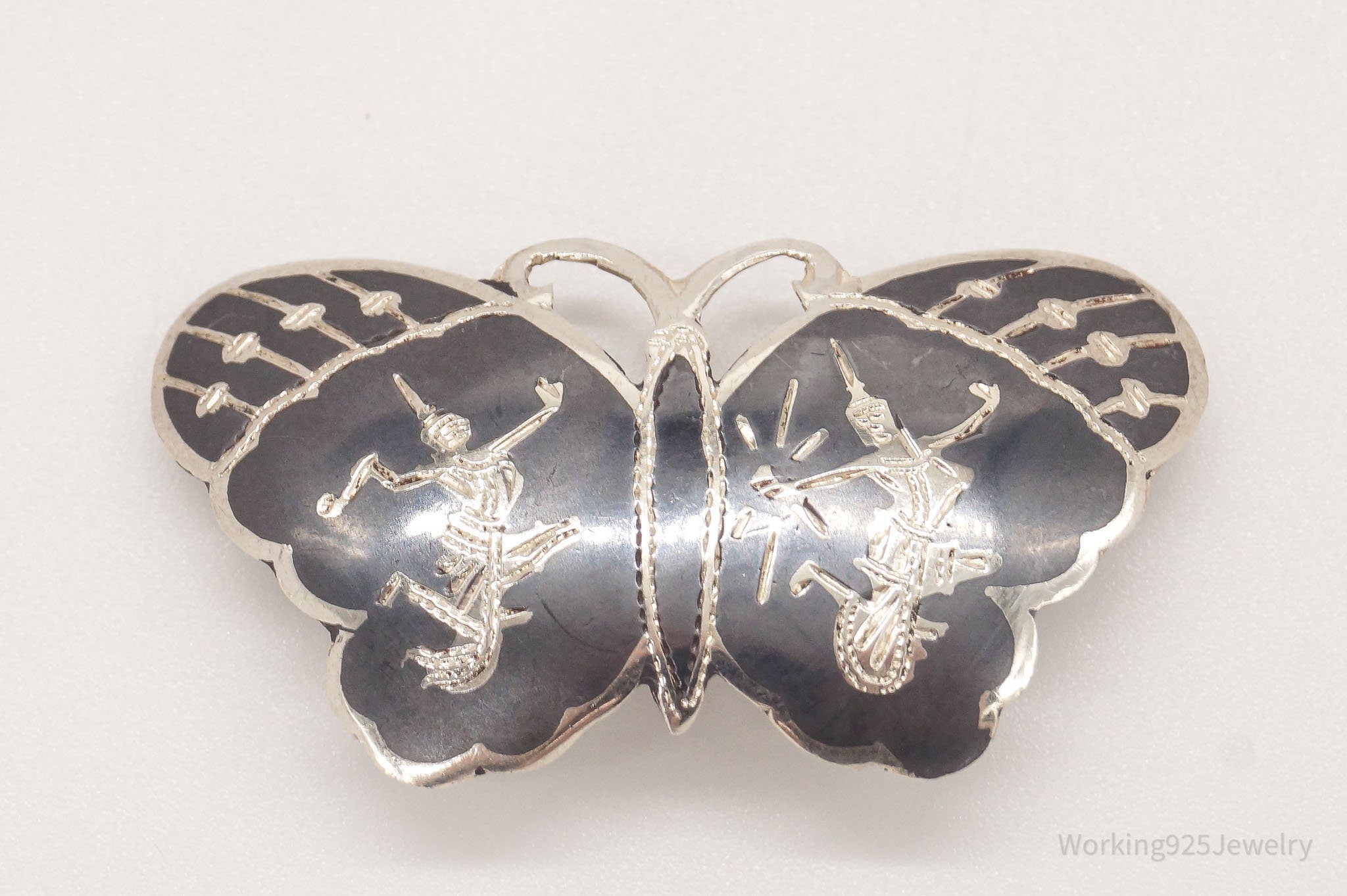 Vintage Siam Black Enamel Goddess Butterfly Sterling Silver Brooch Pin Pendant