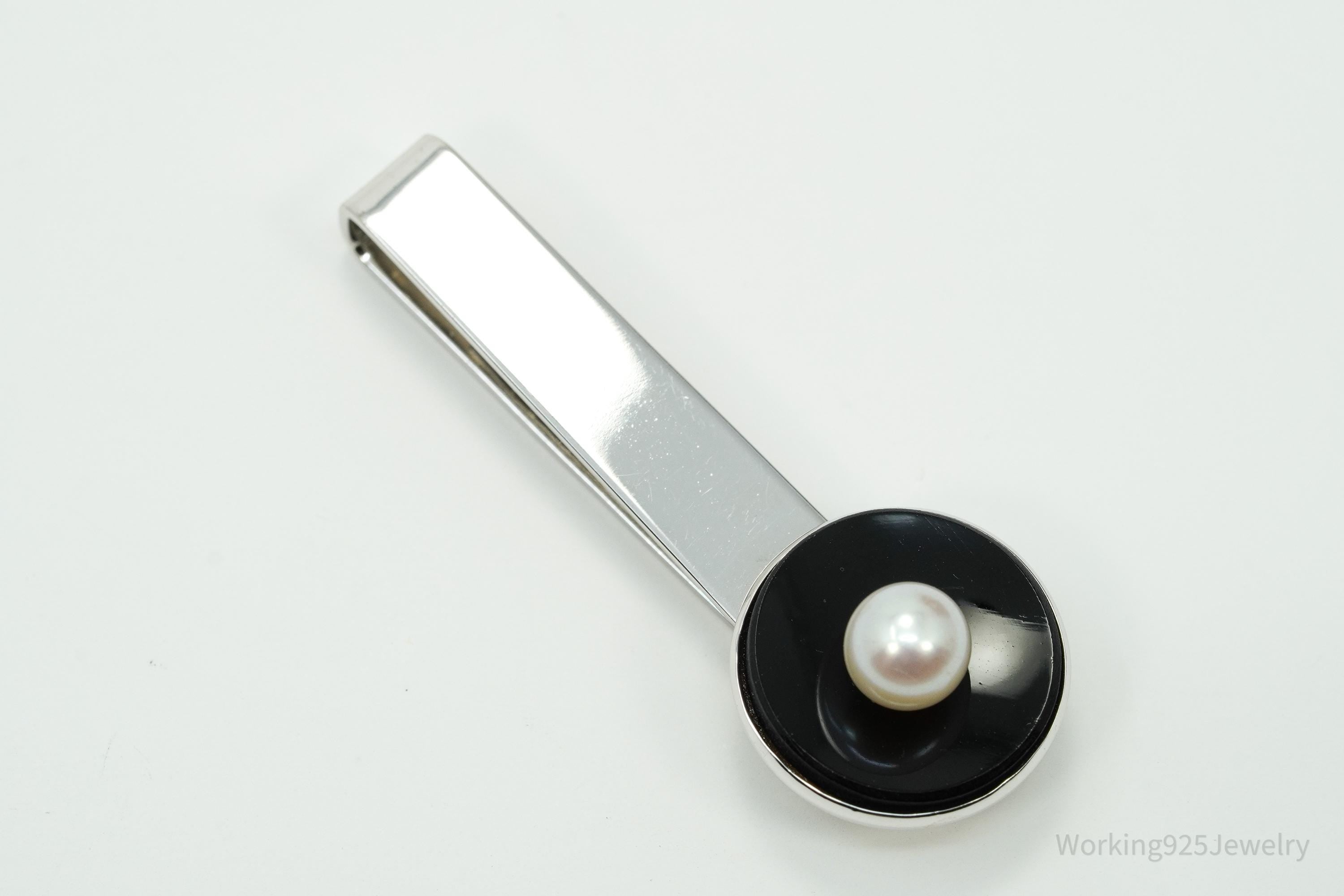 Vintage Designer CARIBE Pearl & Onxy Sterling Silver Tie Bar Clip