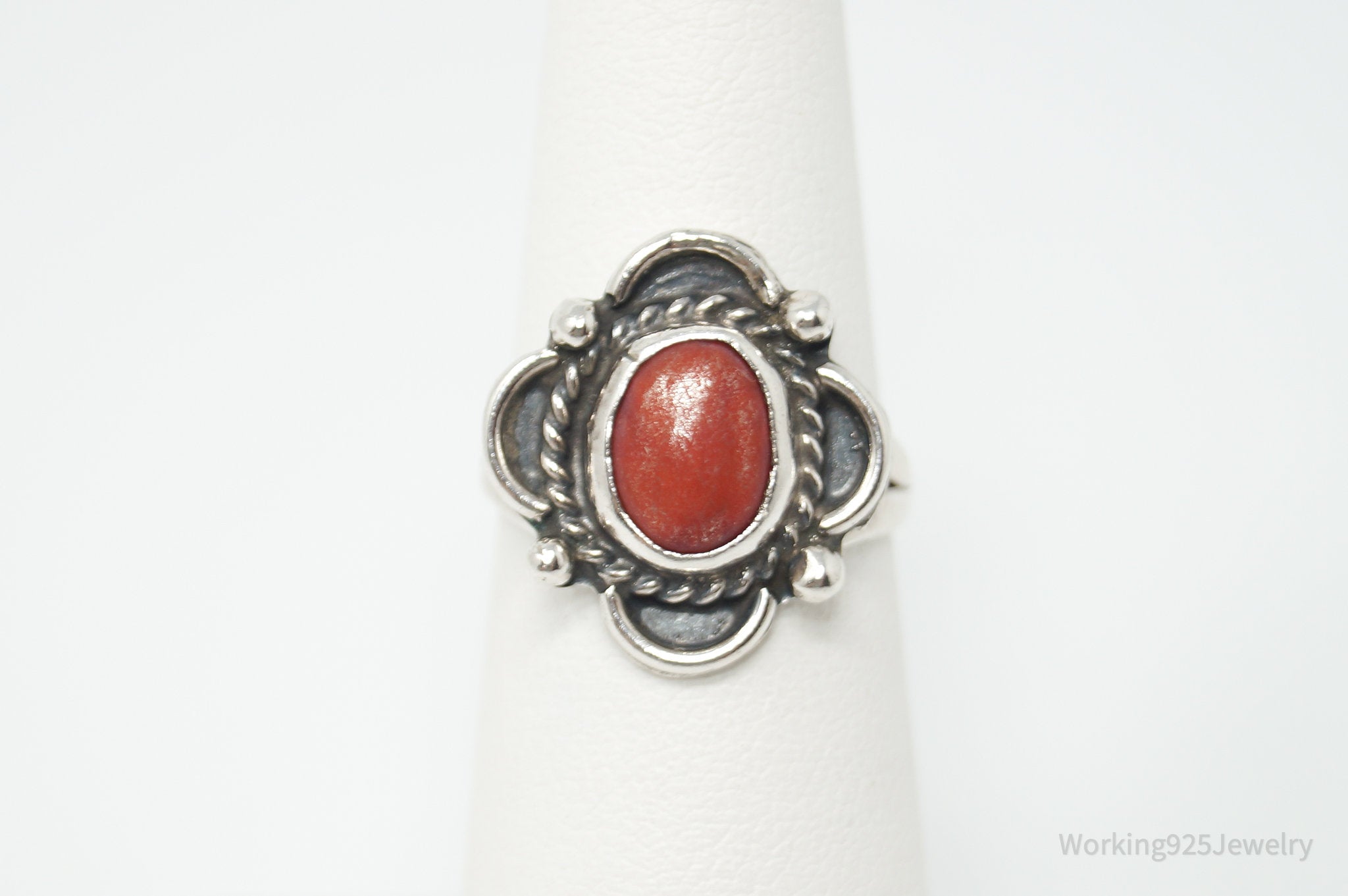 Vintage Native American Coral Unsigned Sterling Silver Ring - Sz 5.25