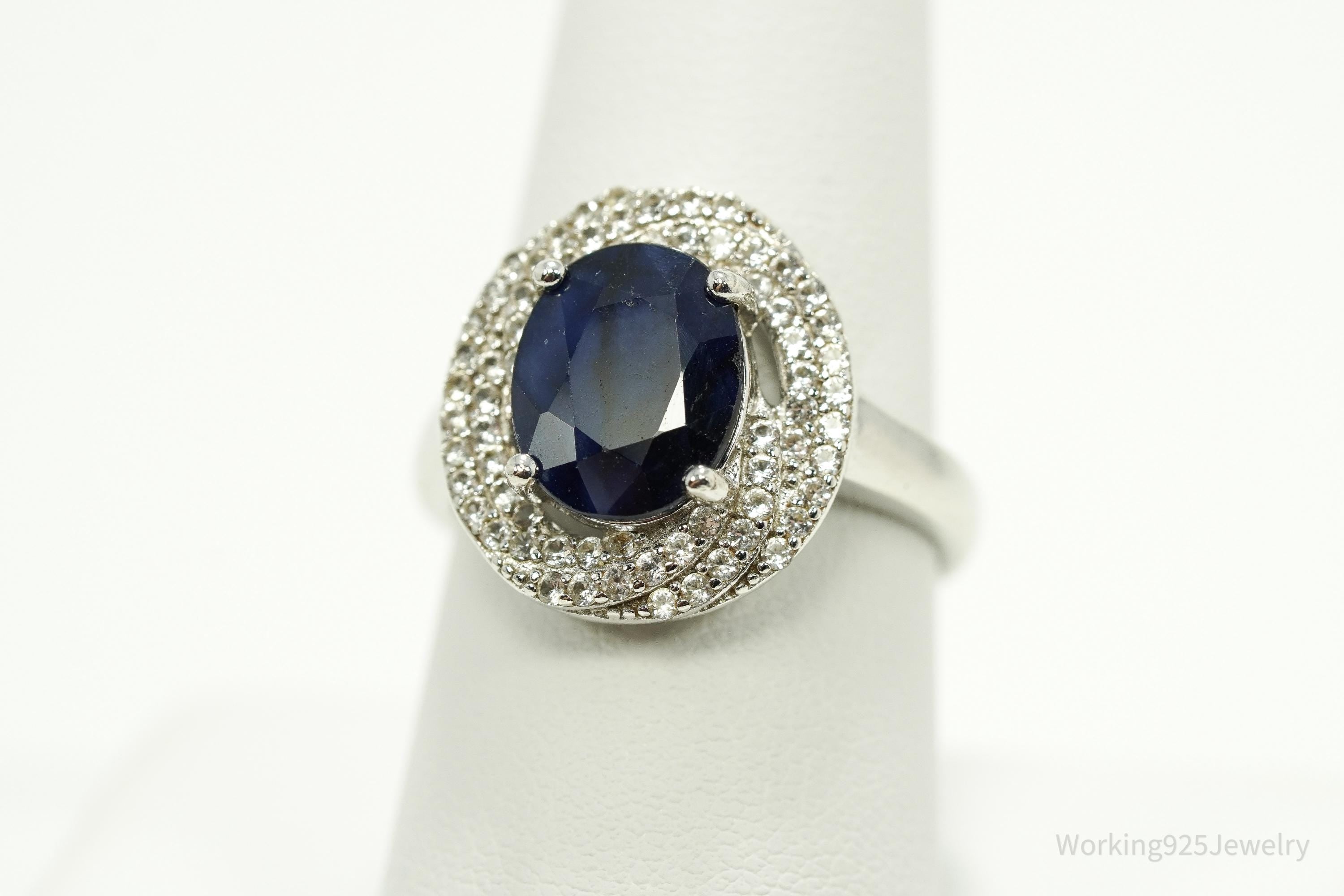 Vintage Blue & White Sapphire Sterling Silver Ring - Size 9