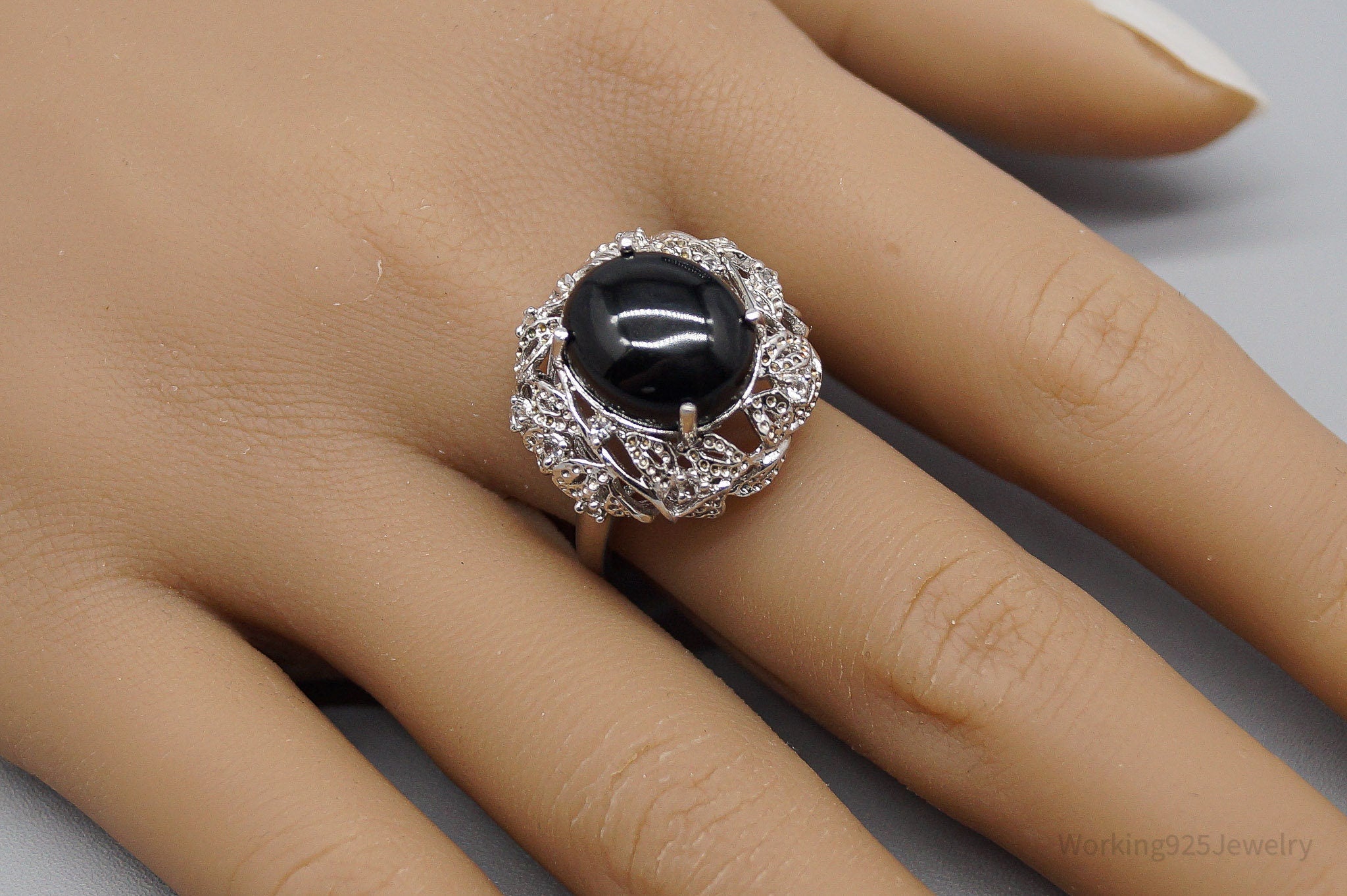 Vintage Black Onyx Cubic Zirconia Sterling Silver Ring - Size 9.25