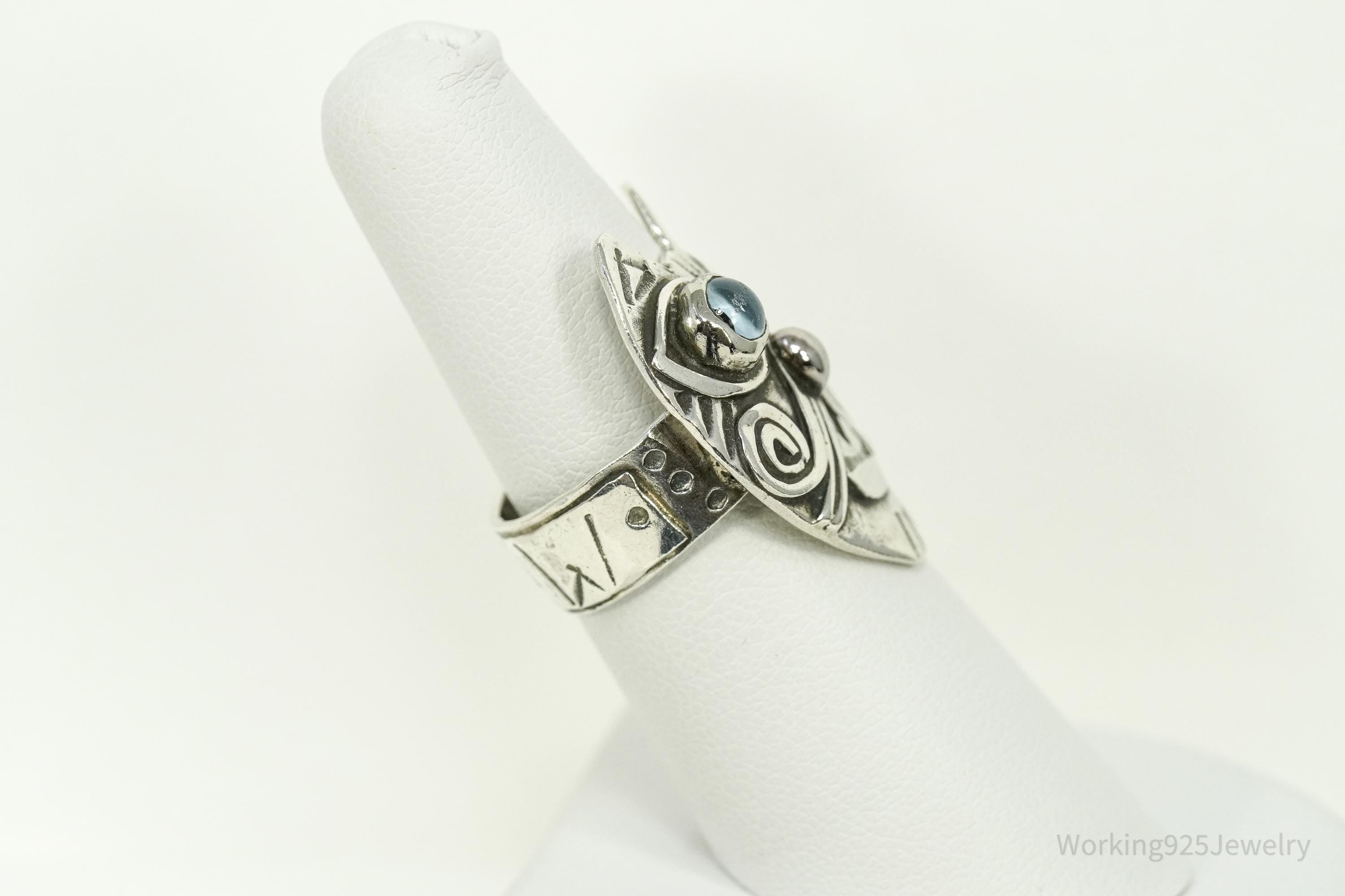 Vintage Large Cat Face With Evil Eye Motif Silver Ring - Size 7.5