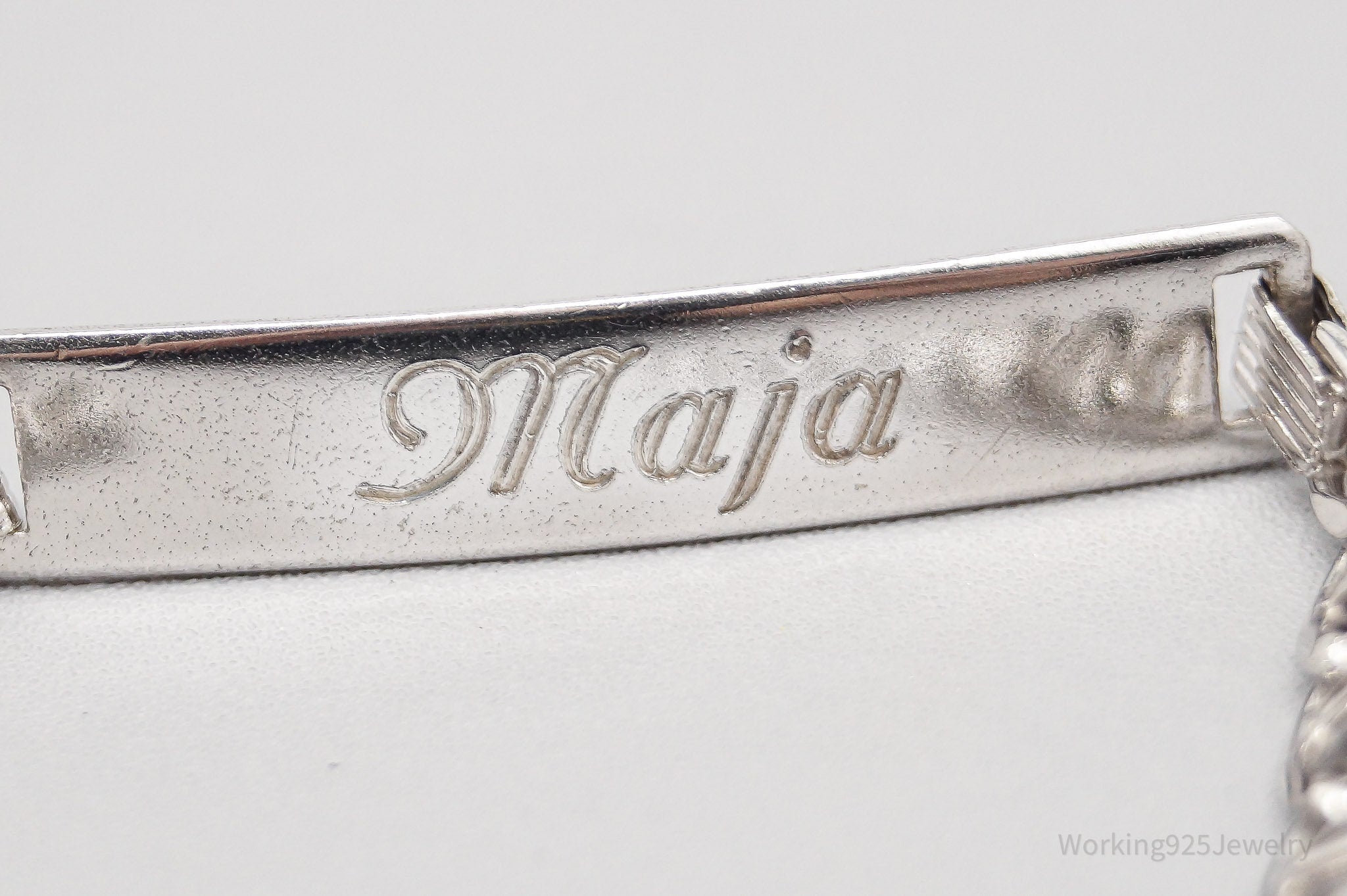 Vintage Mid Century "Maja" Name ID Bar Sterling Silver Bracelet - 6 5/8"