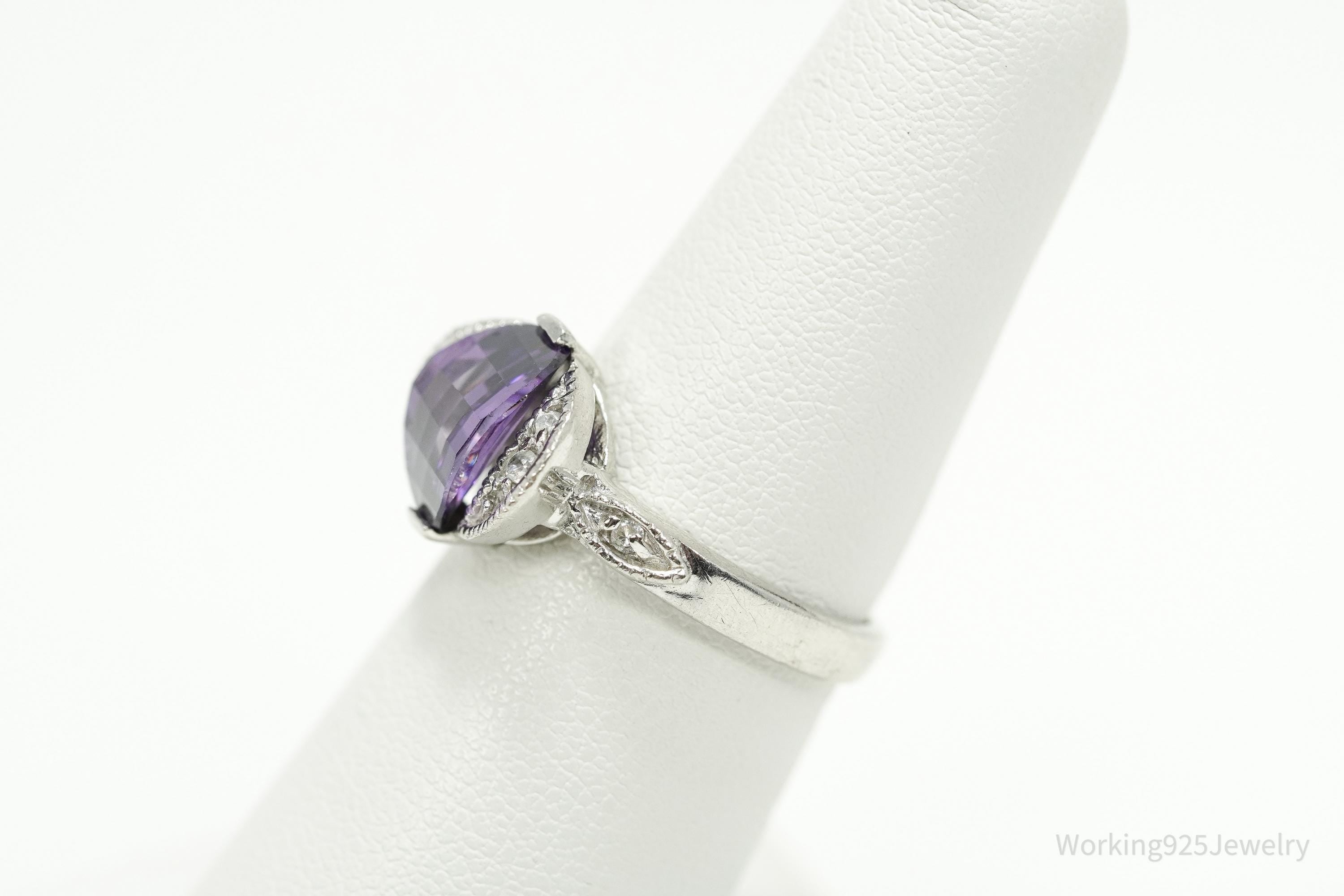 Vintage Amethyst & Cubic Zirconia Sterling Silver Ring - Size 6.5