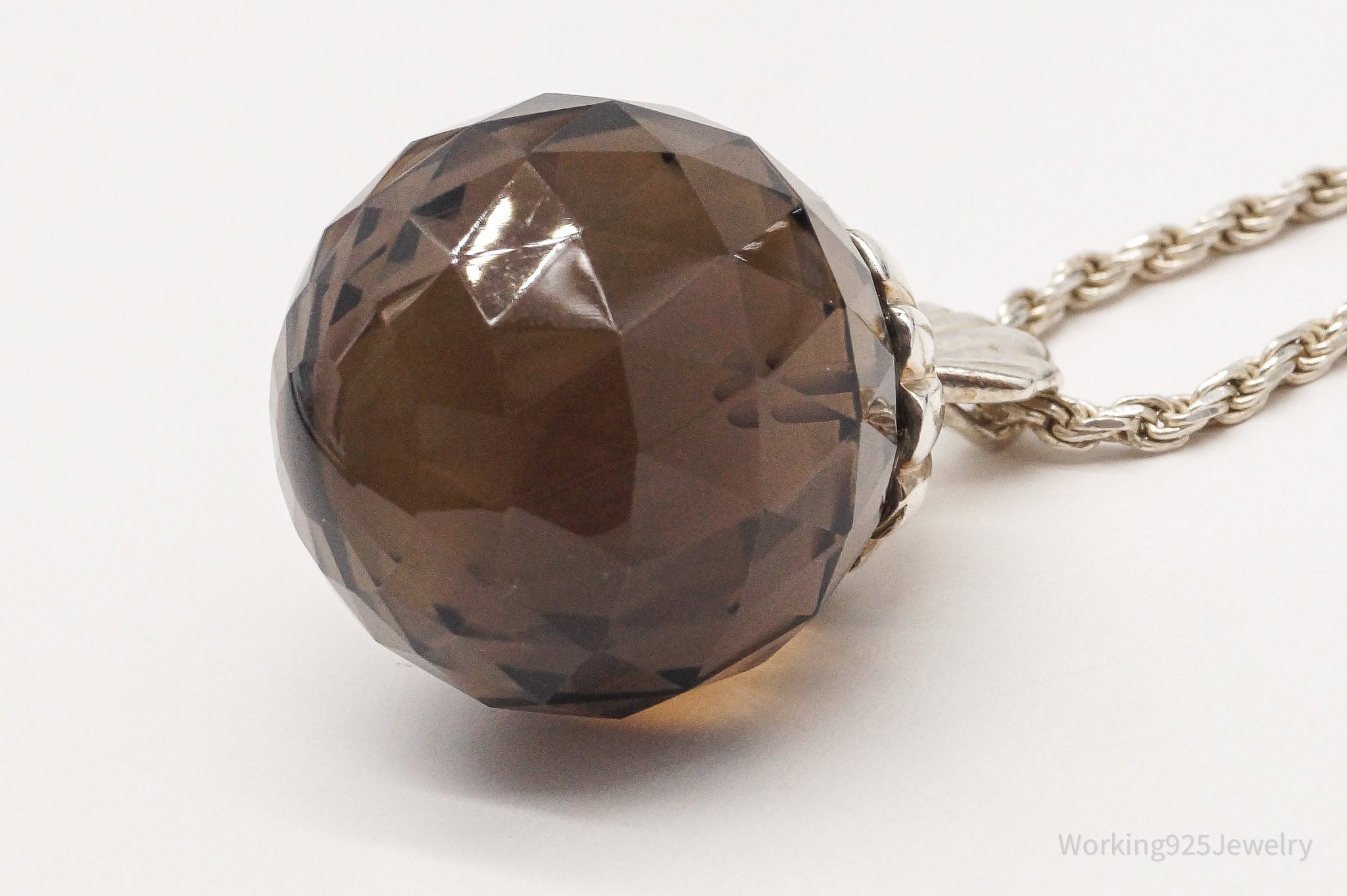 Vintage Large Smoky Topaz Sterling Silver Necklace 18"