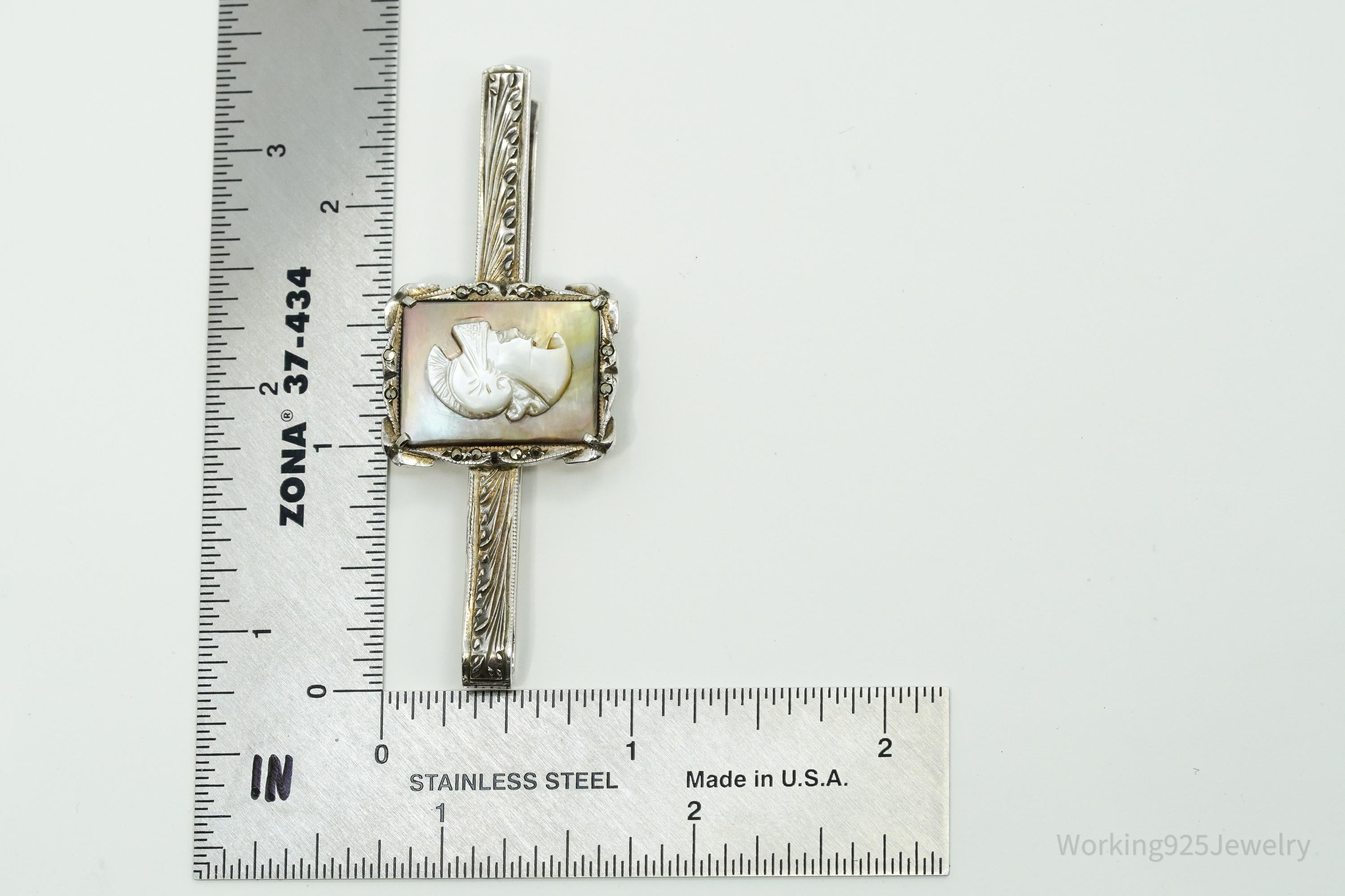 Antique Victorian 800 Silver Mother of Pearl Cameo And Marcasite Warrior Tie Clip