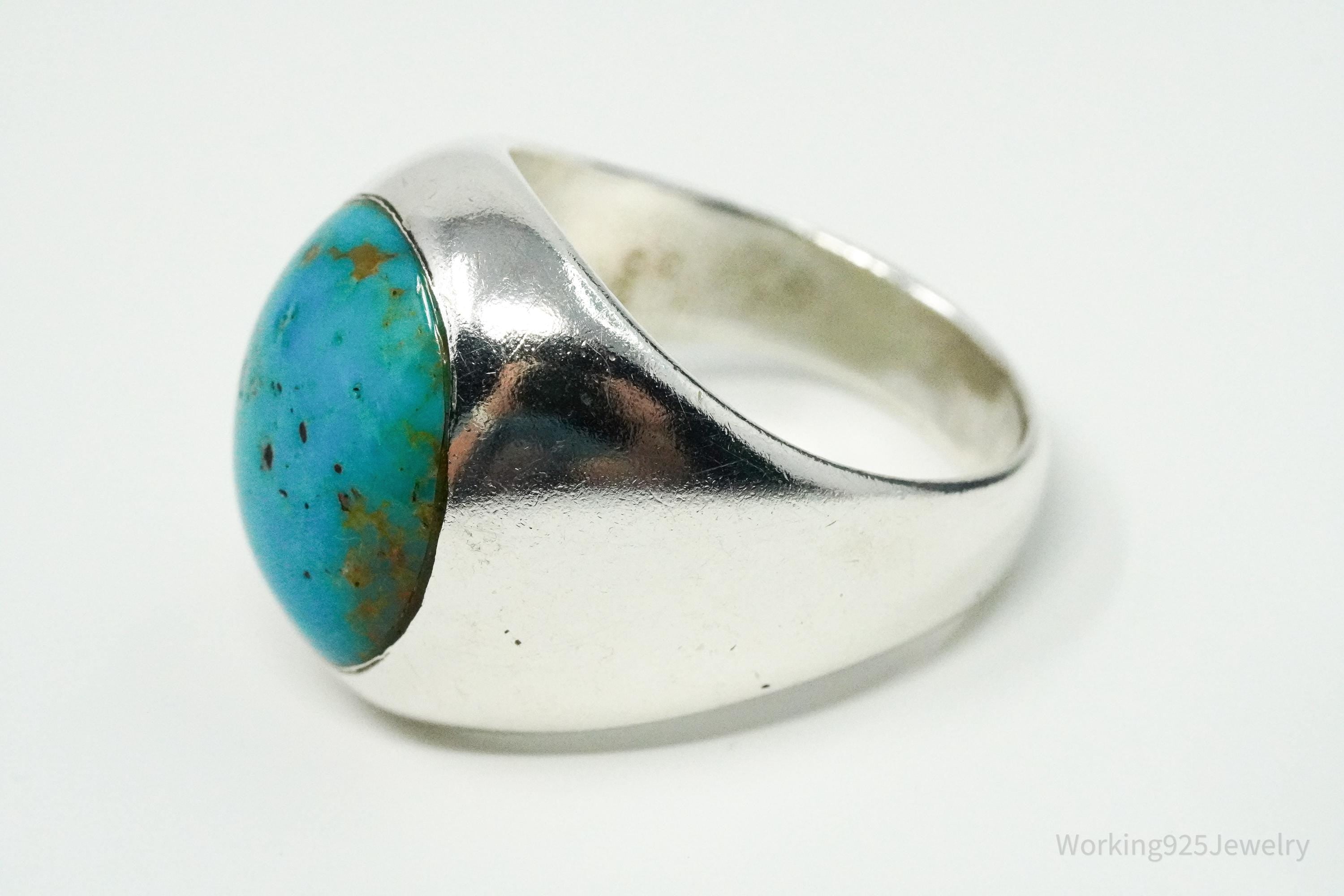 Vintage Blue Turquoise Inlay Silver Ring - Size 8.25