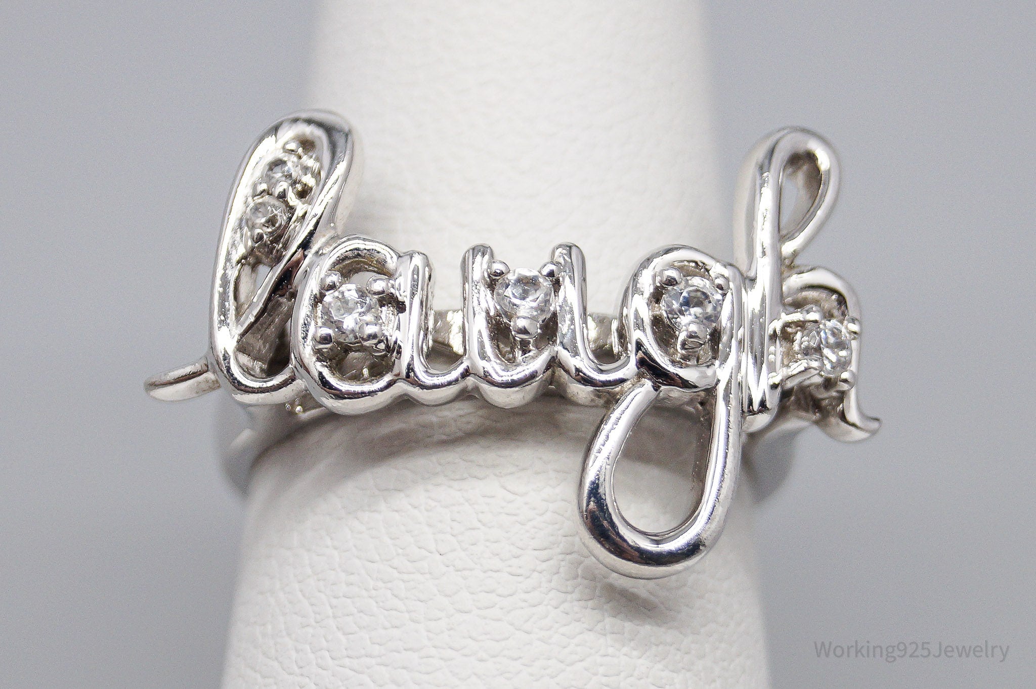 Vintage Cursive "Laugh" Cubic Zirconia Sterling Silver Ring - Size 7