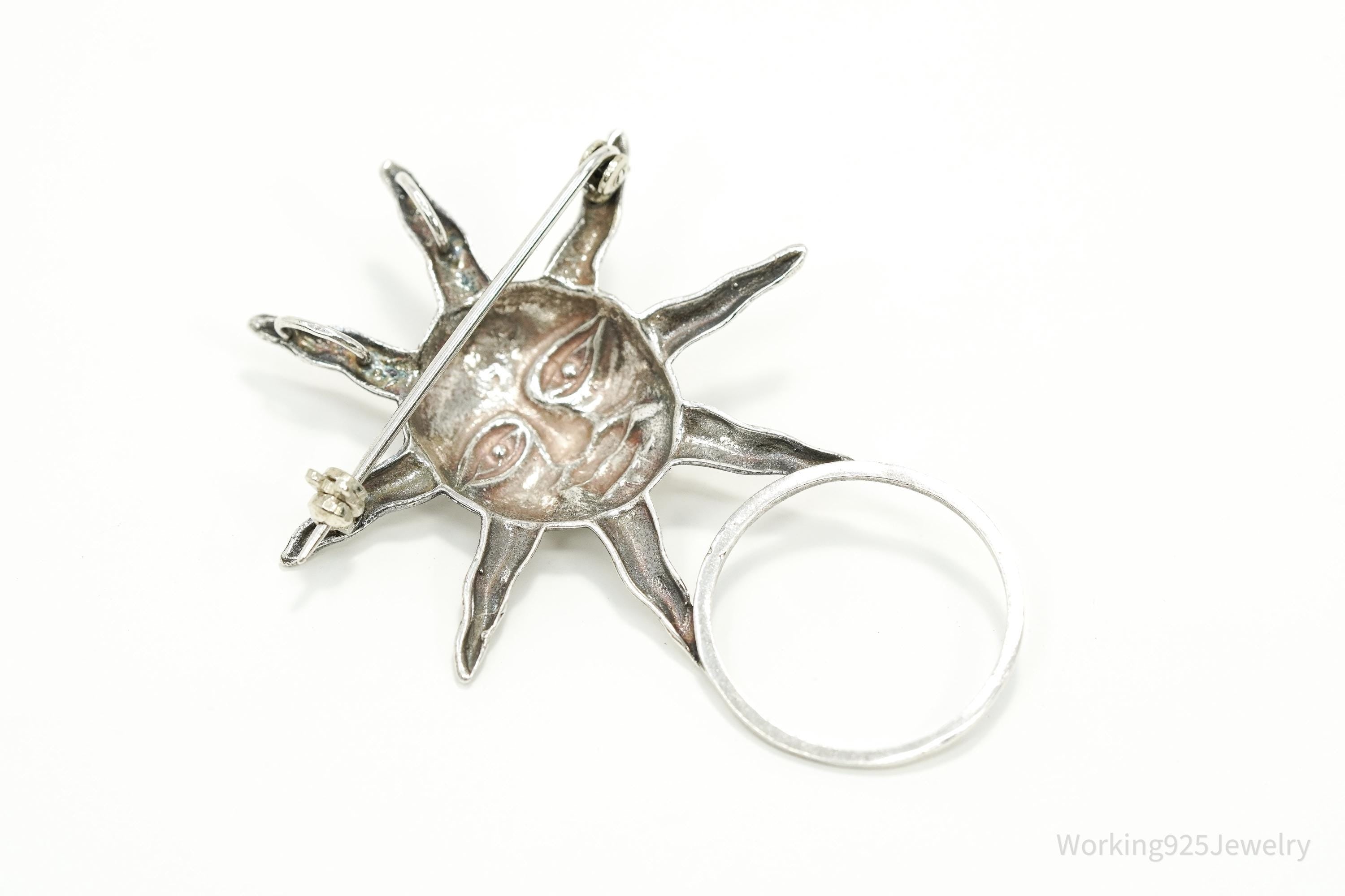 Vintage Large Sun Face Sterling Silver Pin Pendant 2.25"