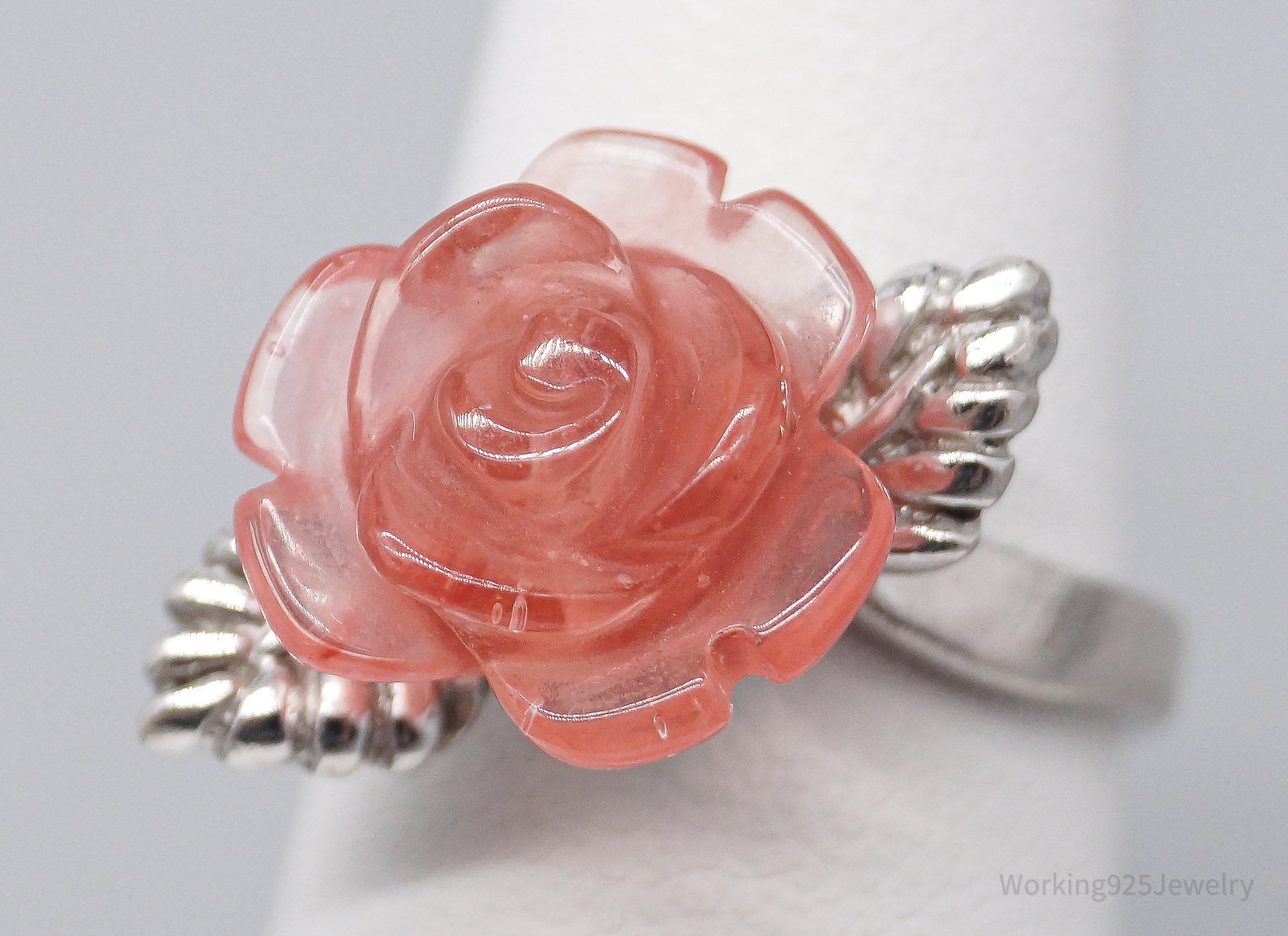 Vintage Pink Plastic Rose Sterling Silver Ring - Size 6