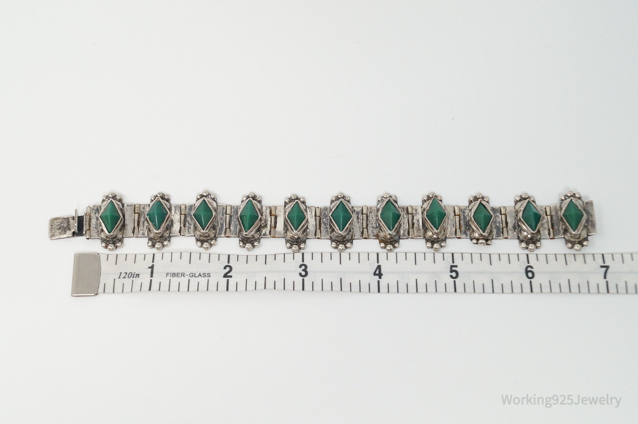 Vintage Mexico Handmade Green Onyx Sterling Silver Panel Bracelet