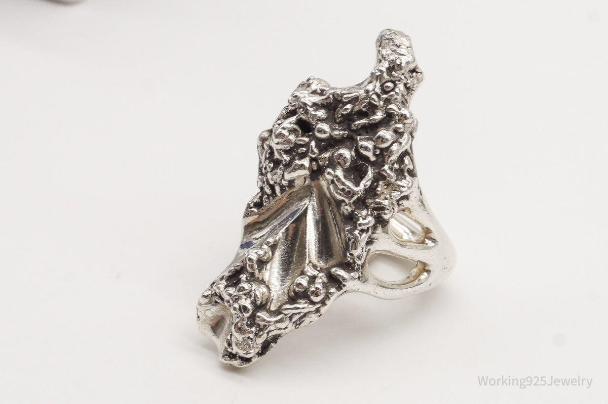 Long Vintage Mid Century Brutalist Silver Ring - Size 6.5