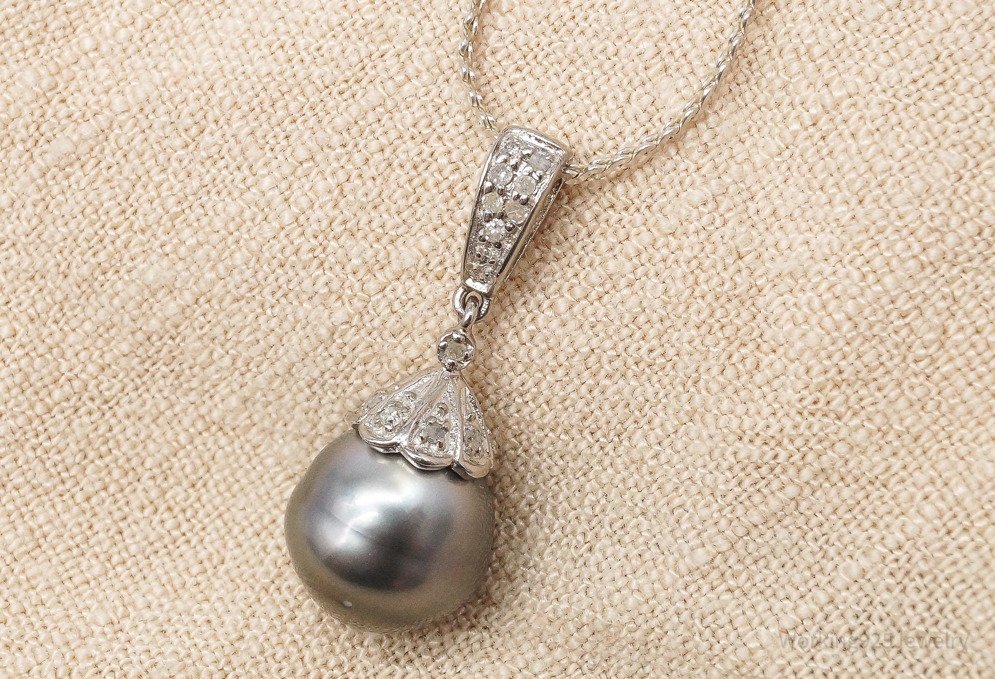 Vintage Pearl & Diamond Sterling Silver Necklace 18"