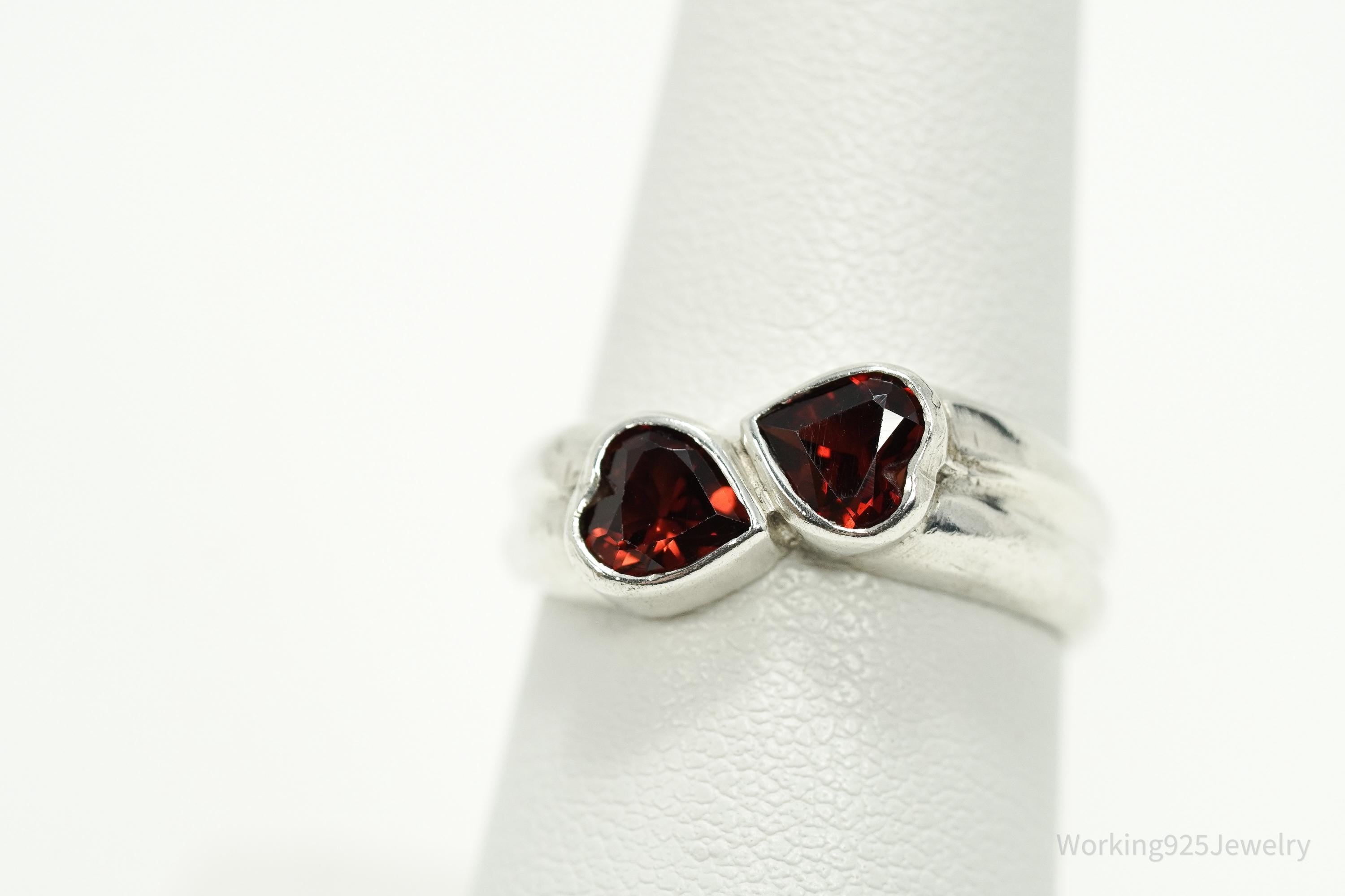 Vintage Garnet Hearts Sterling Silver Ring - Size 7.25