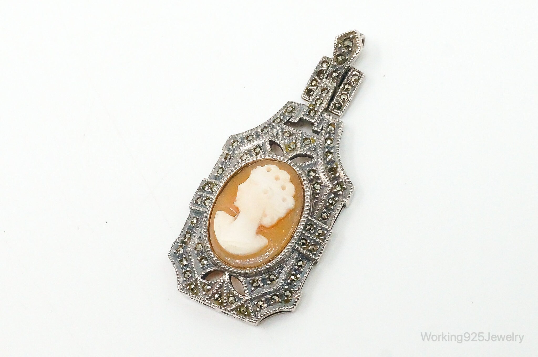 Vintage Judith Jack Carved Shell Lady Cameo Marcasite Sterling Silver Pendant