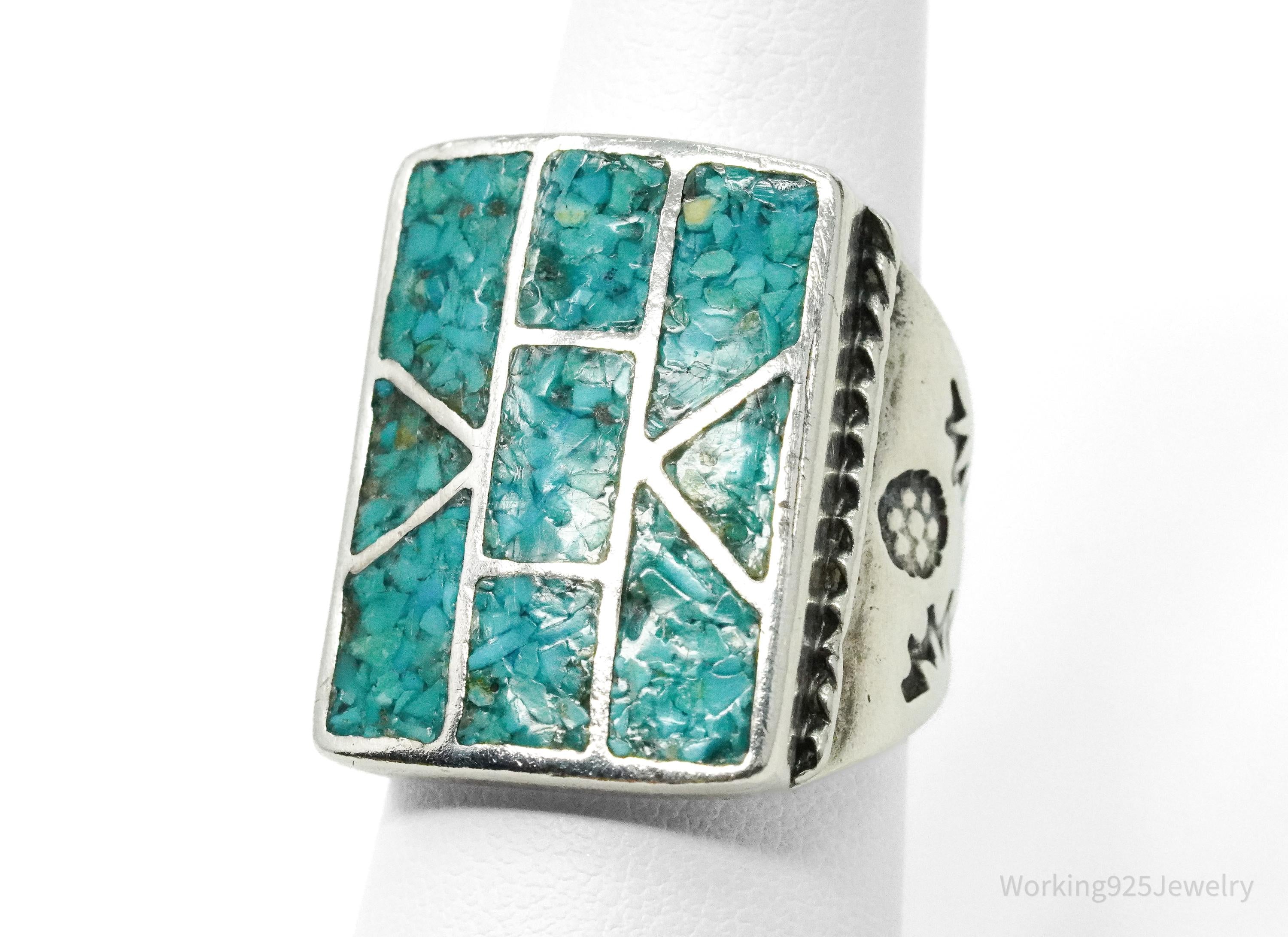 Vintage Native American Turquoise Inlay Unsigned Silver Ring - Size 7