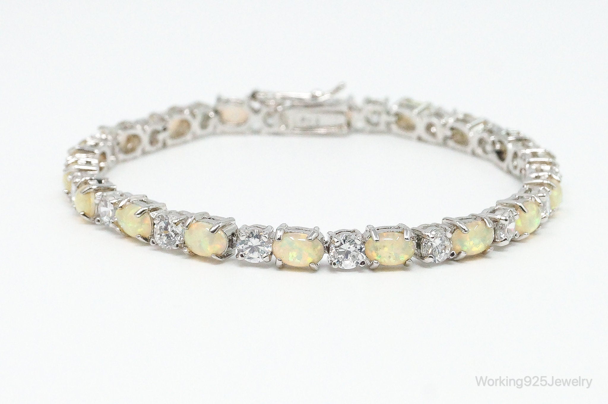 Vintage Oval Opal Doublet & Cubic Zirconia Sterling Silver Gemstone Bracelet