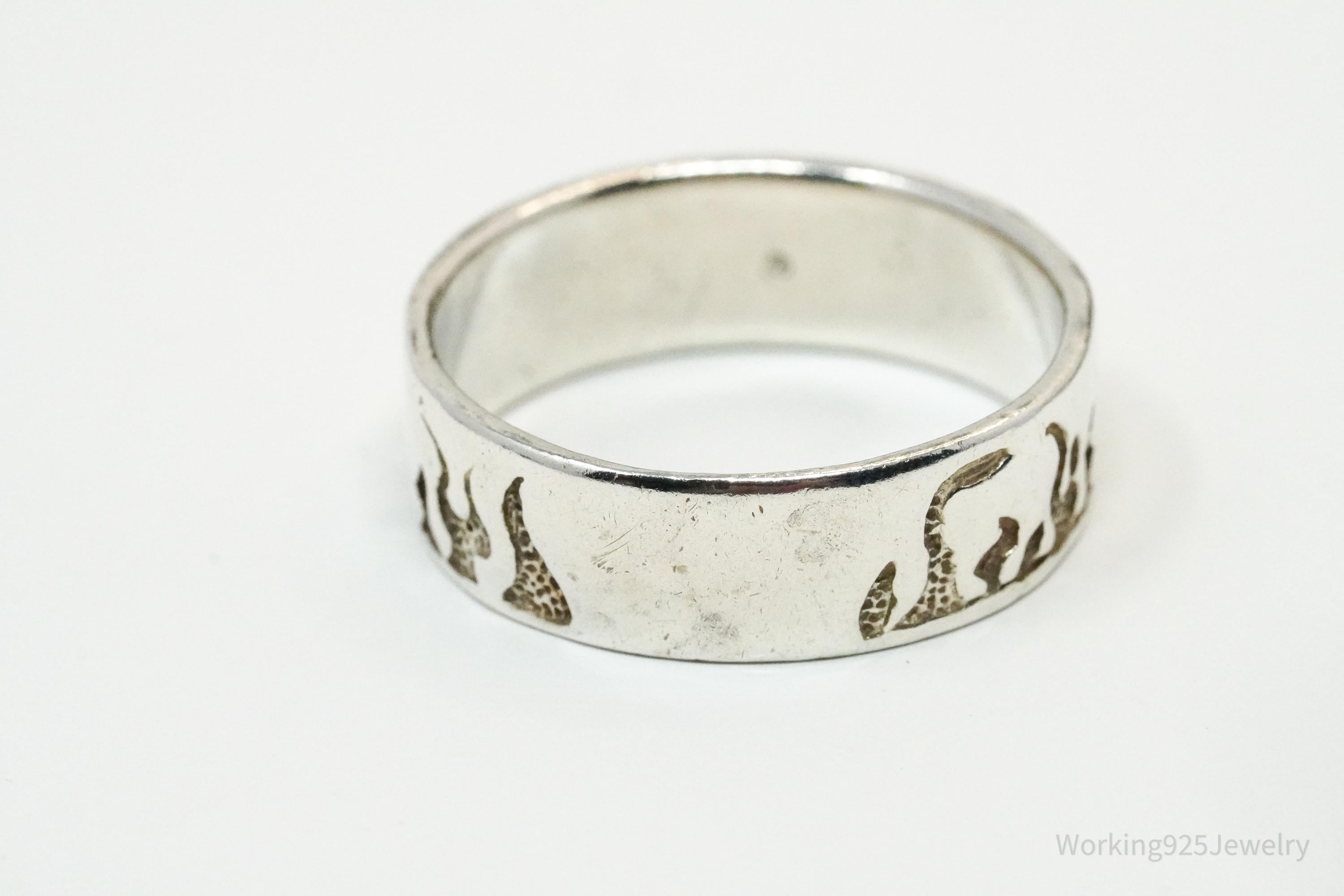 Vintage Fire Flames Sterling Silver Band Ring - Size 10.75