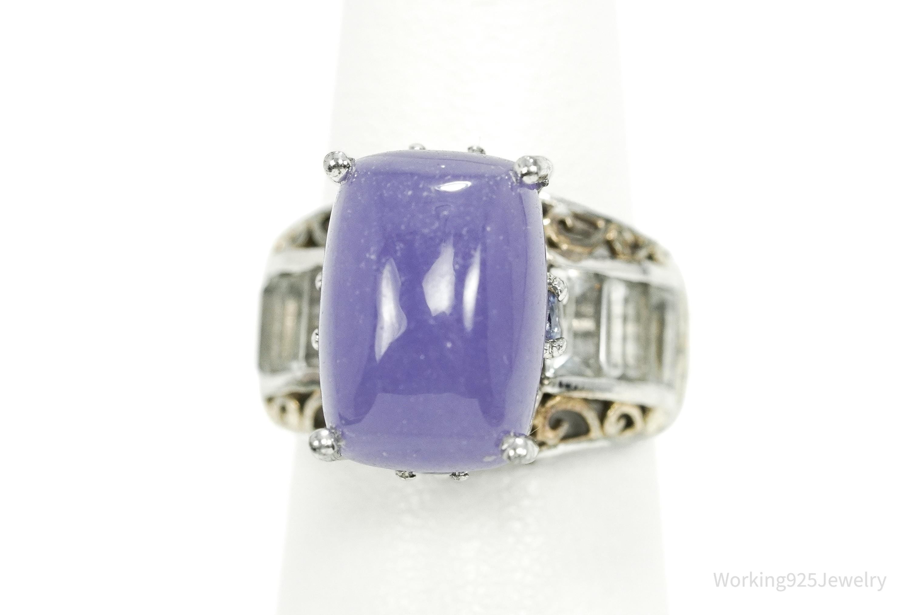 Vintage Purple Jade & Cubic Zirconia Gold Vermeil Sterling Silver Ring - Size 5.25