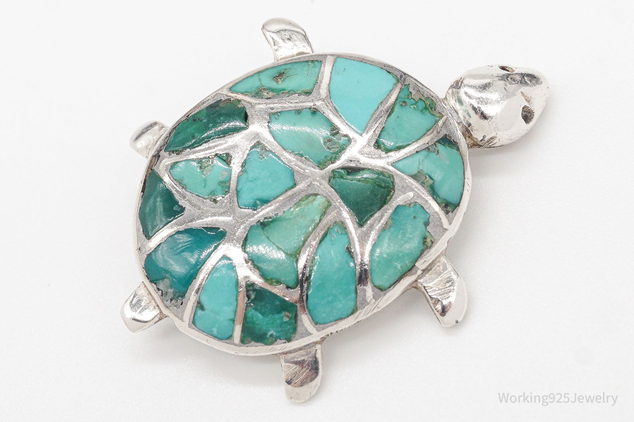 Vintage Handmade Turquoise Inlay Turtle Silver Brooch Pin