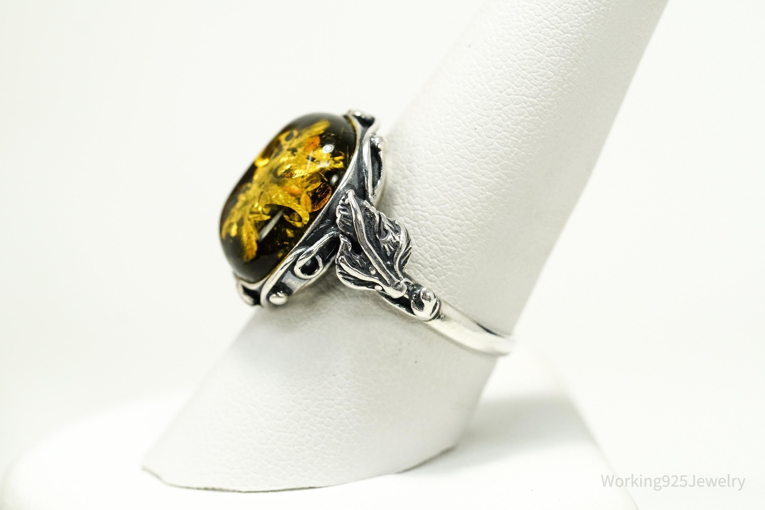 Vintage Large Amber Modernist Style Sterling Silver Ring - Size 9