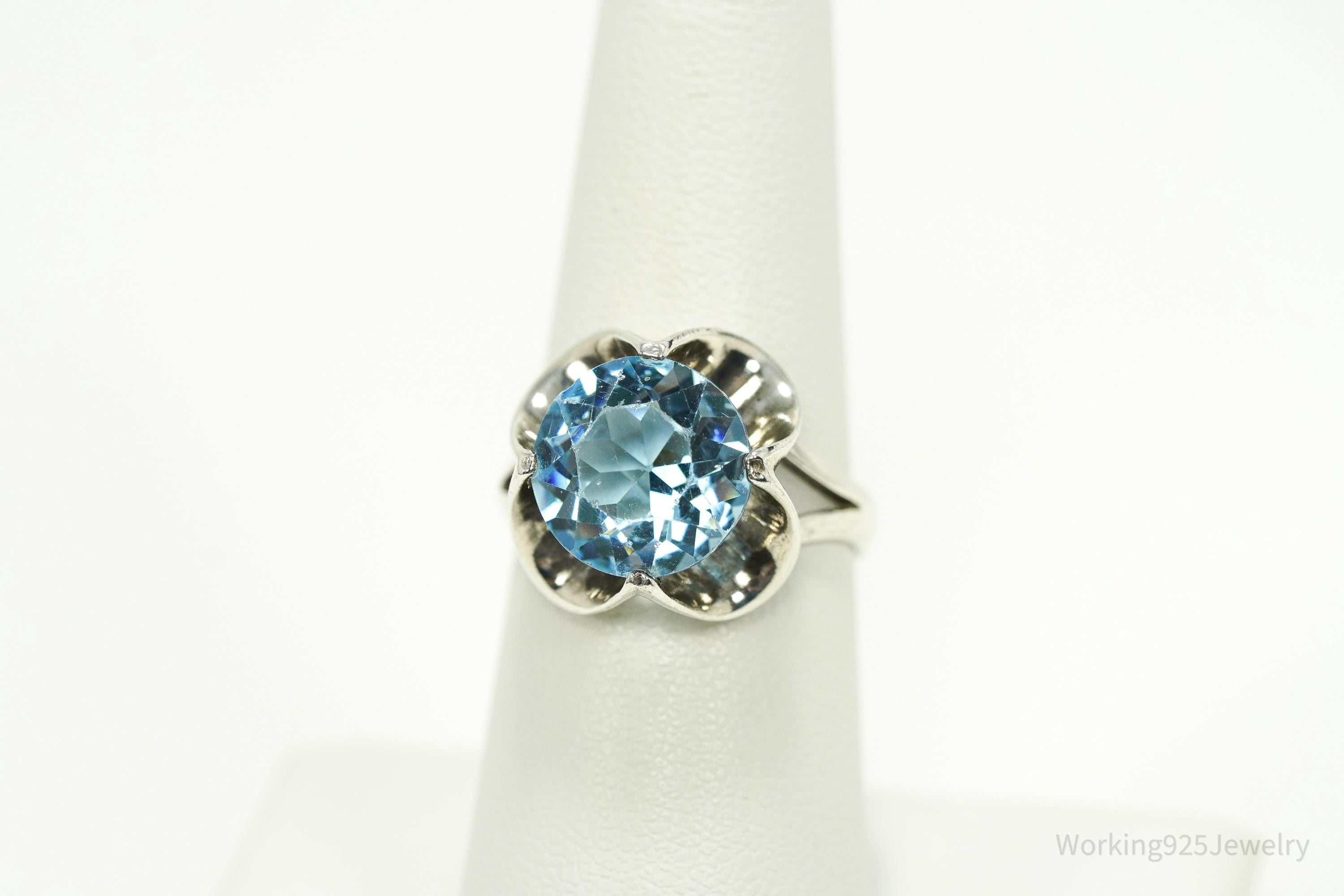 Vintage Blue Glass Stone Sterling Silver Ring - Size 6.75