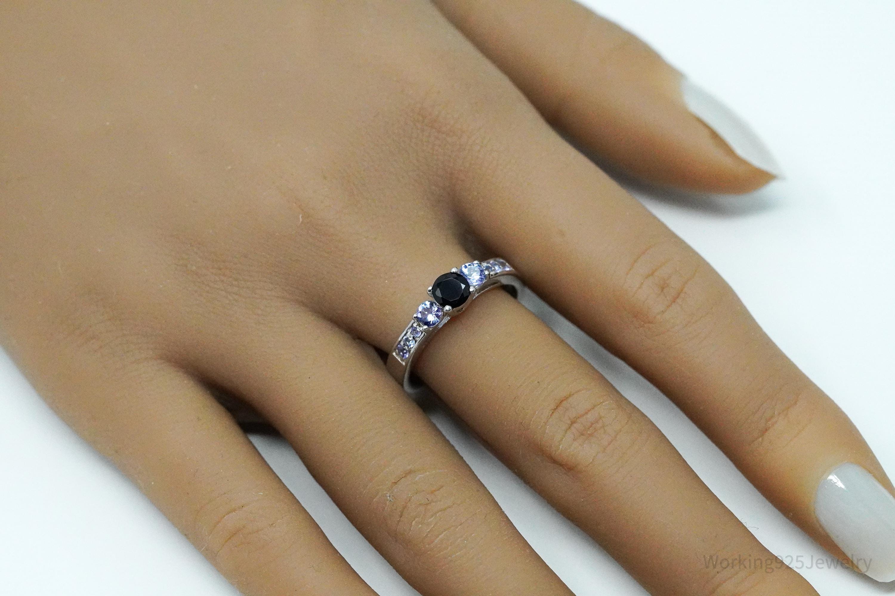 Vintage Black Tourmaline & Tanzanite Sterling Silver Ring - Size 9