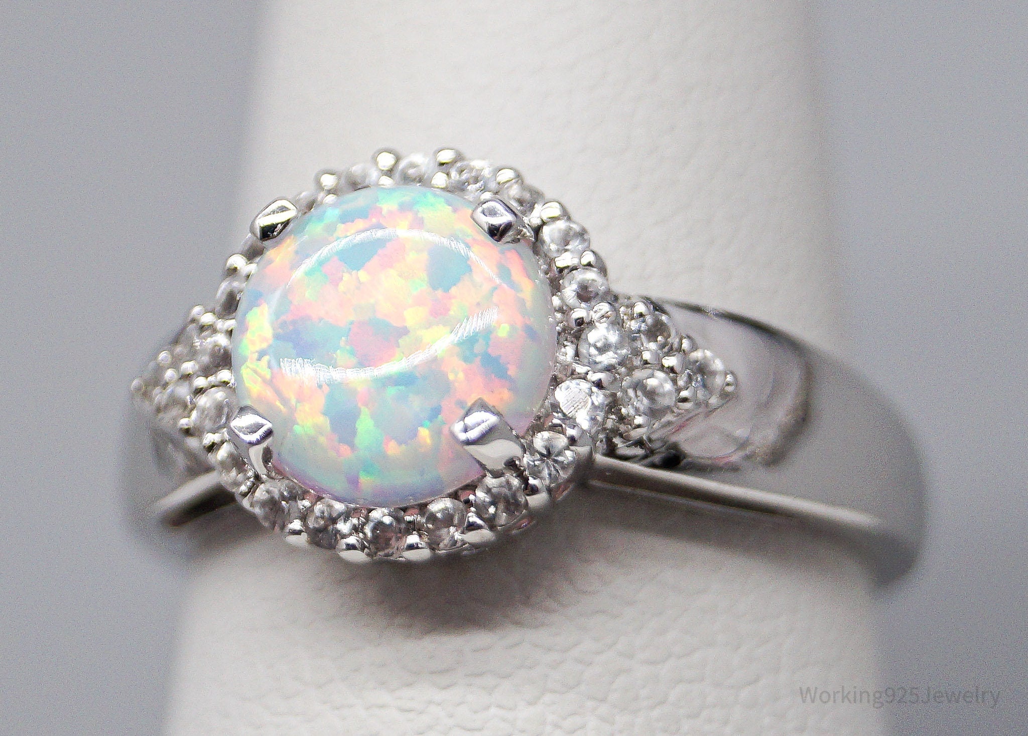 Vintage White Opal Cubic Zirconia Sterling Silver Ring - Size 7