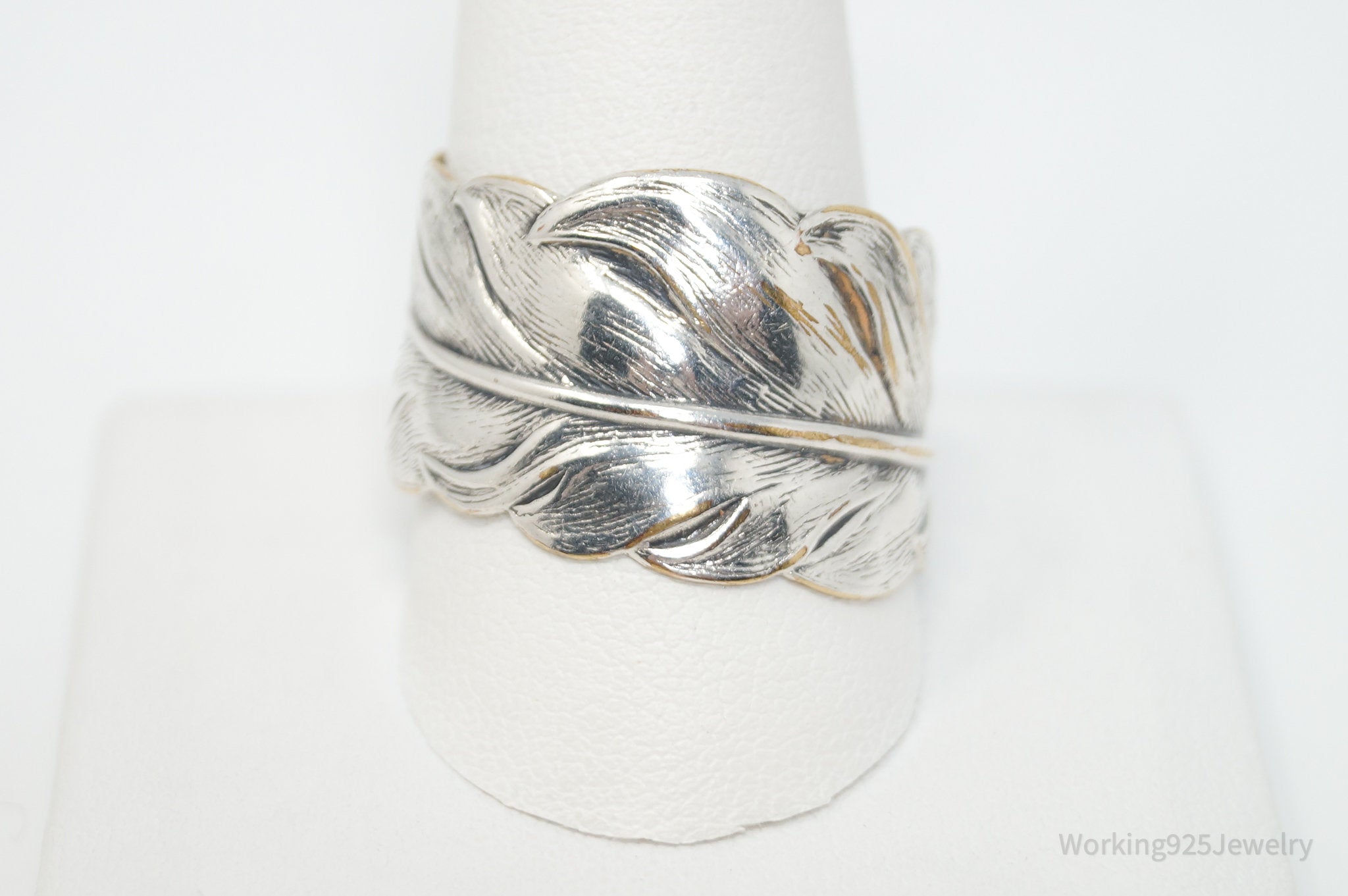 Vintage Large Feather Wrap Silver Plated Ring - Sz 11.25