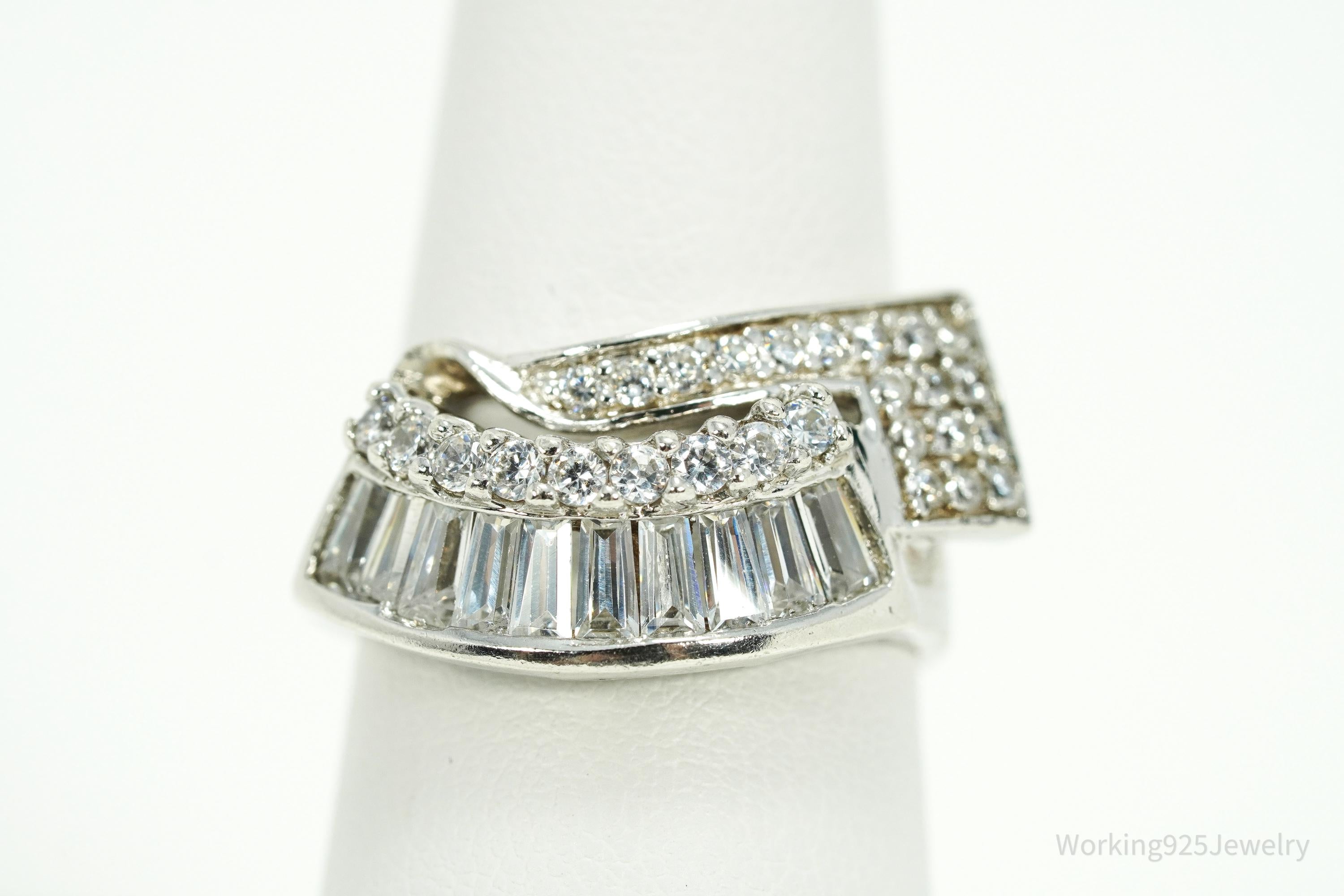 Vintage Cubic Zirconia Sterling Silver Statement Ring - Sz 7.5