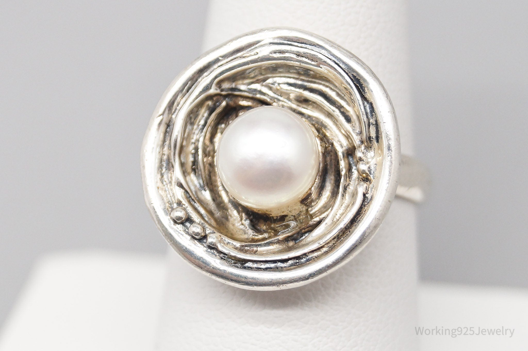 Vintage Designer White Pearl Modernist Sterling Silver Ring - Size 8