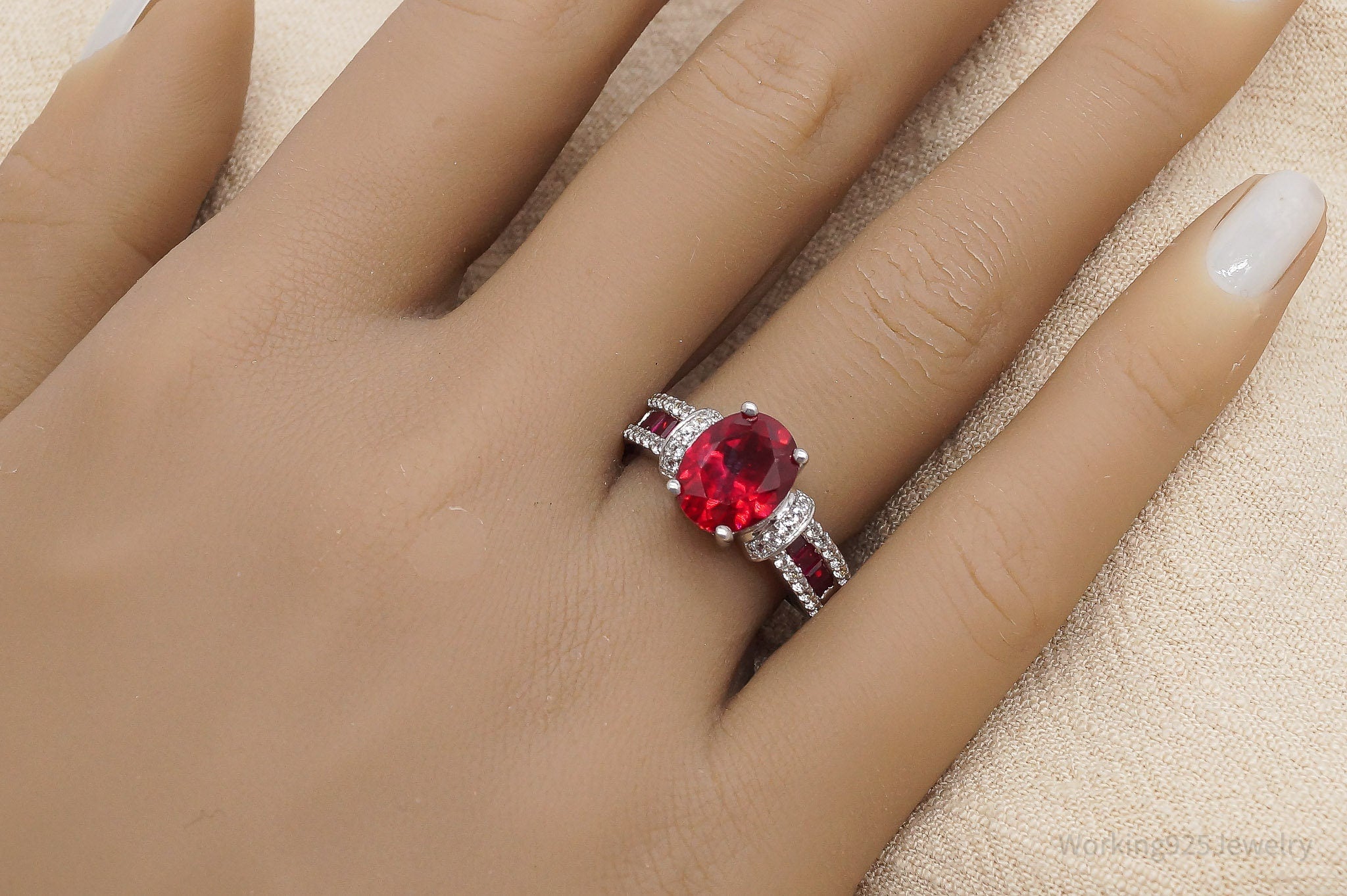 Vintage SUN Lab Ruby & White Topaz Sterling Silver Ring - Size 7.25