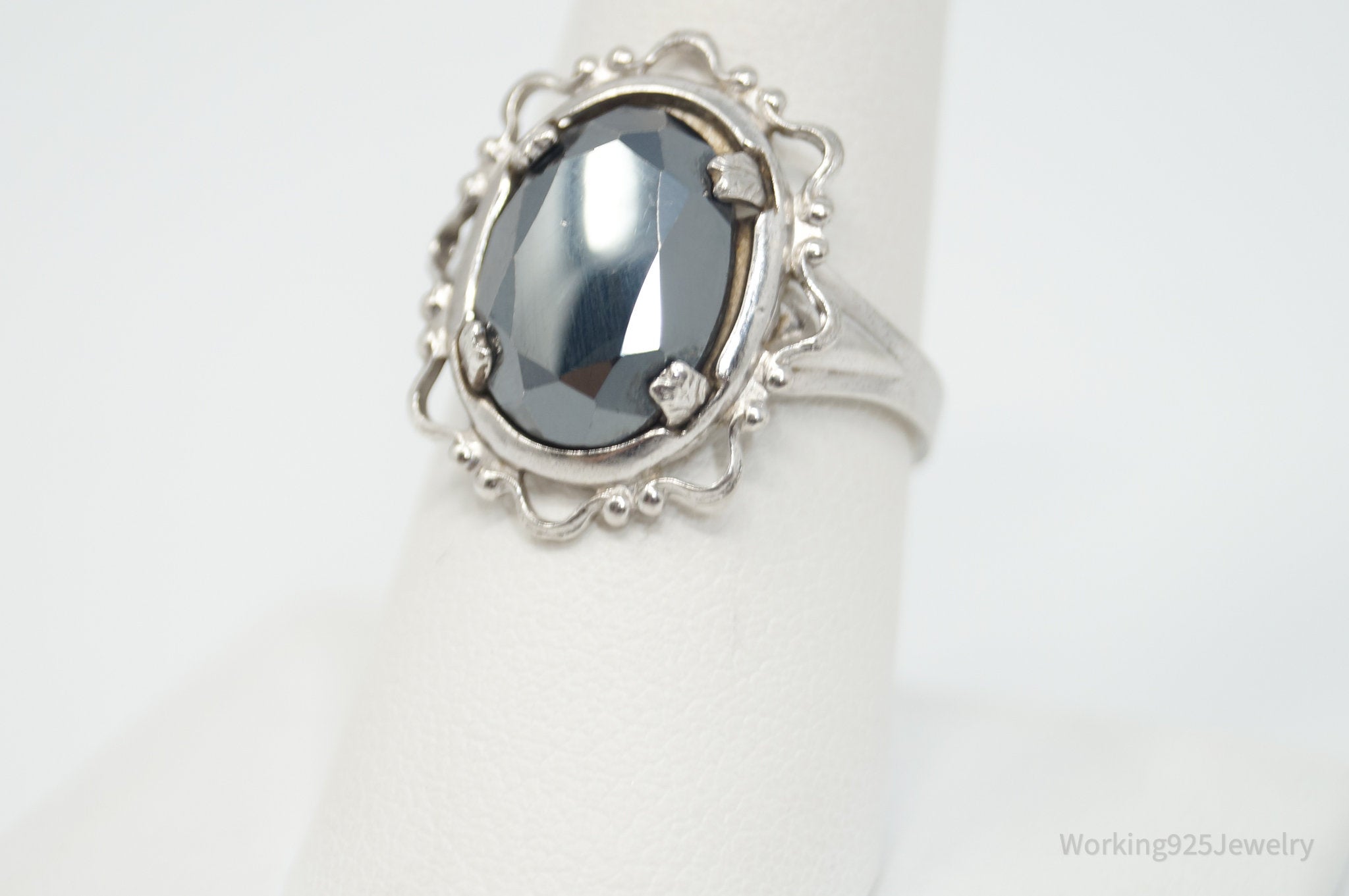 Vintage Oval Hematite Sterling Silver Ring - Sz 8.75