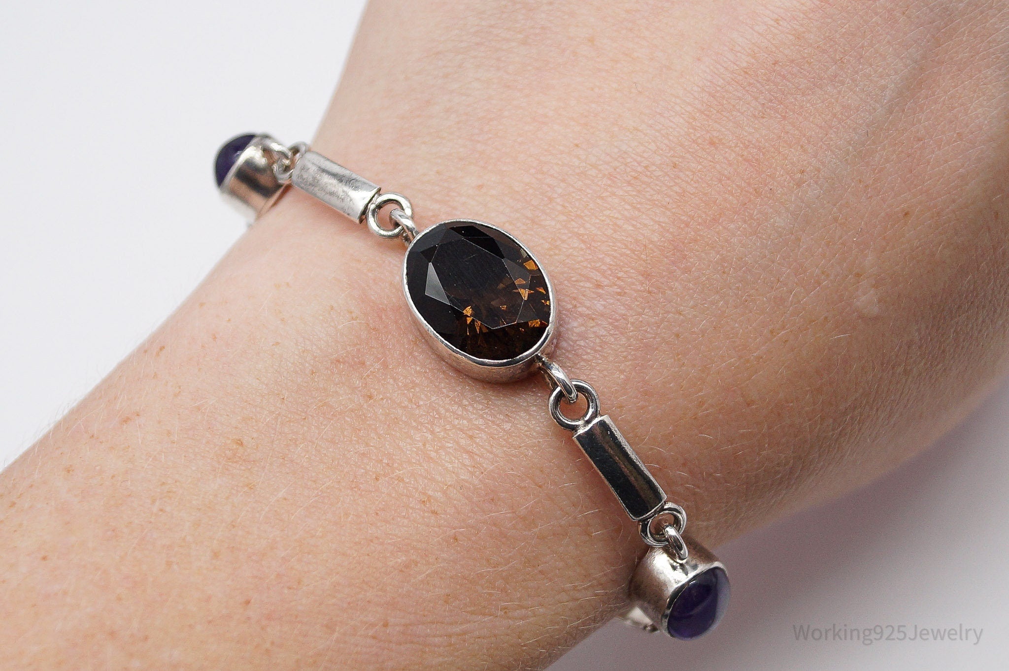 Vintage Smoky Topaz Amethyst & Pink Stone Sterling Silver Toggle Bracelet 7 5/8"