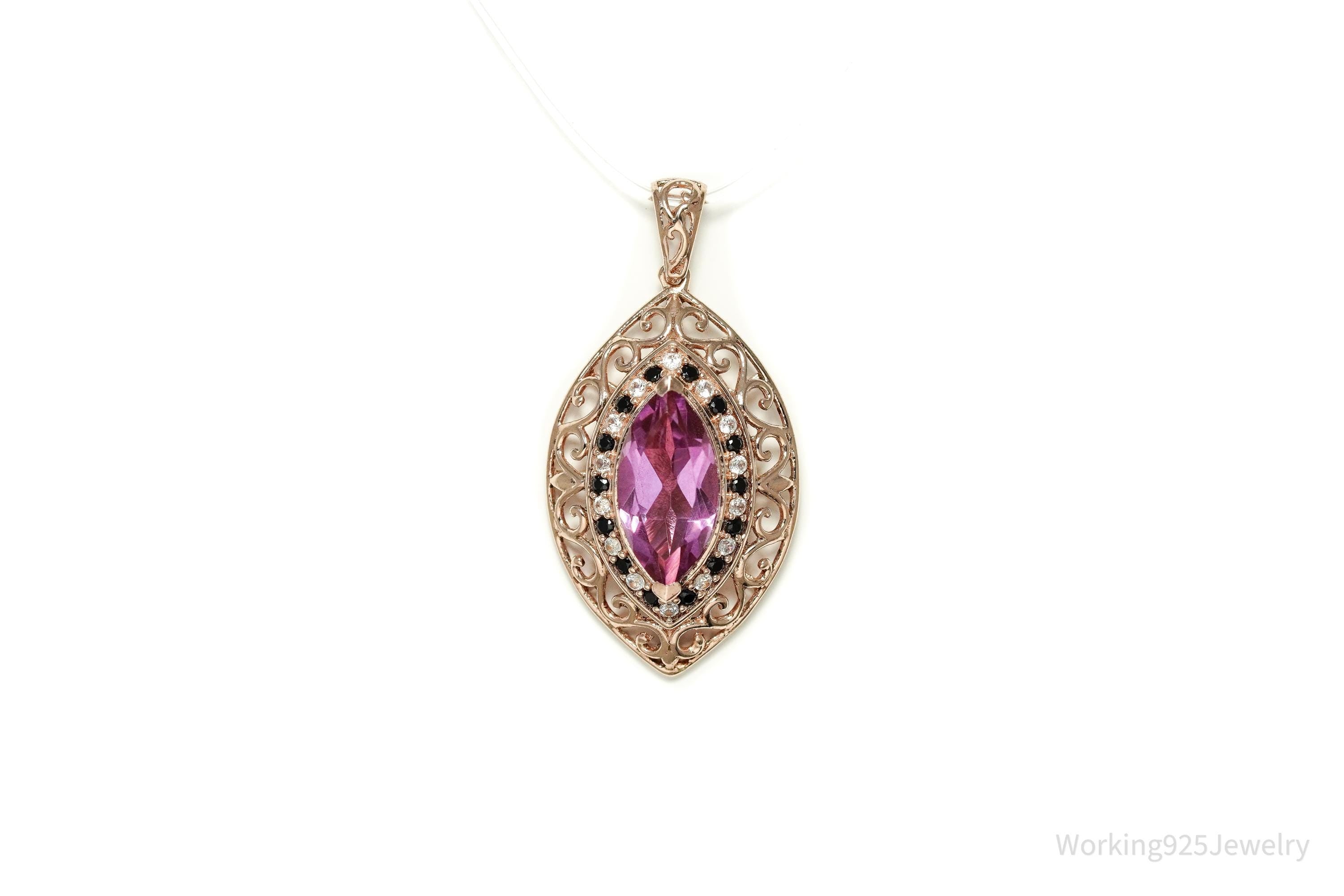 Pink Topaz Black Spinel Cubic Zirconia Rose Gold Vermeil Sterling Silver Necklace Pendant