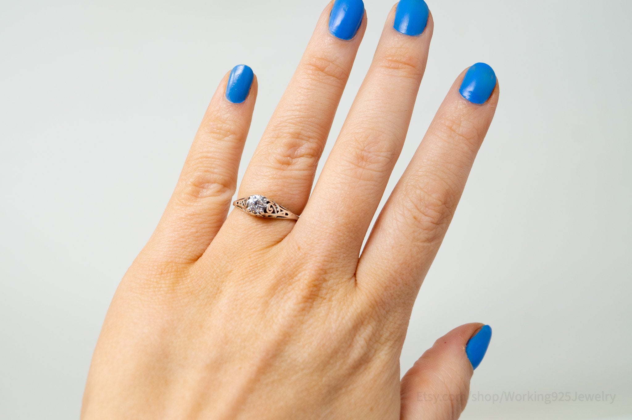 Vintage Designer KABANA CZ Filigree Scroll Swirl Sterling Silver Ring - Size 7.5