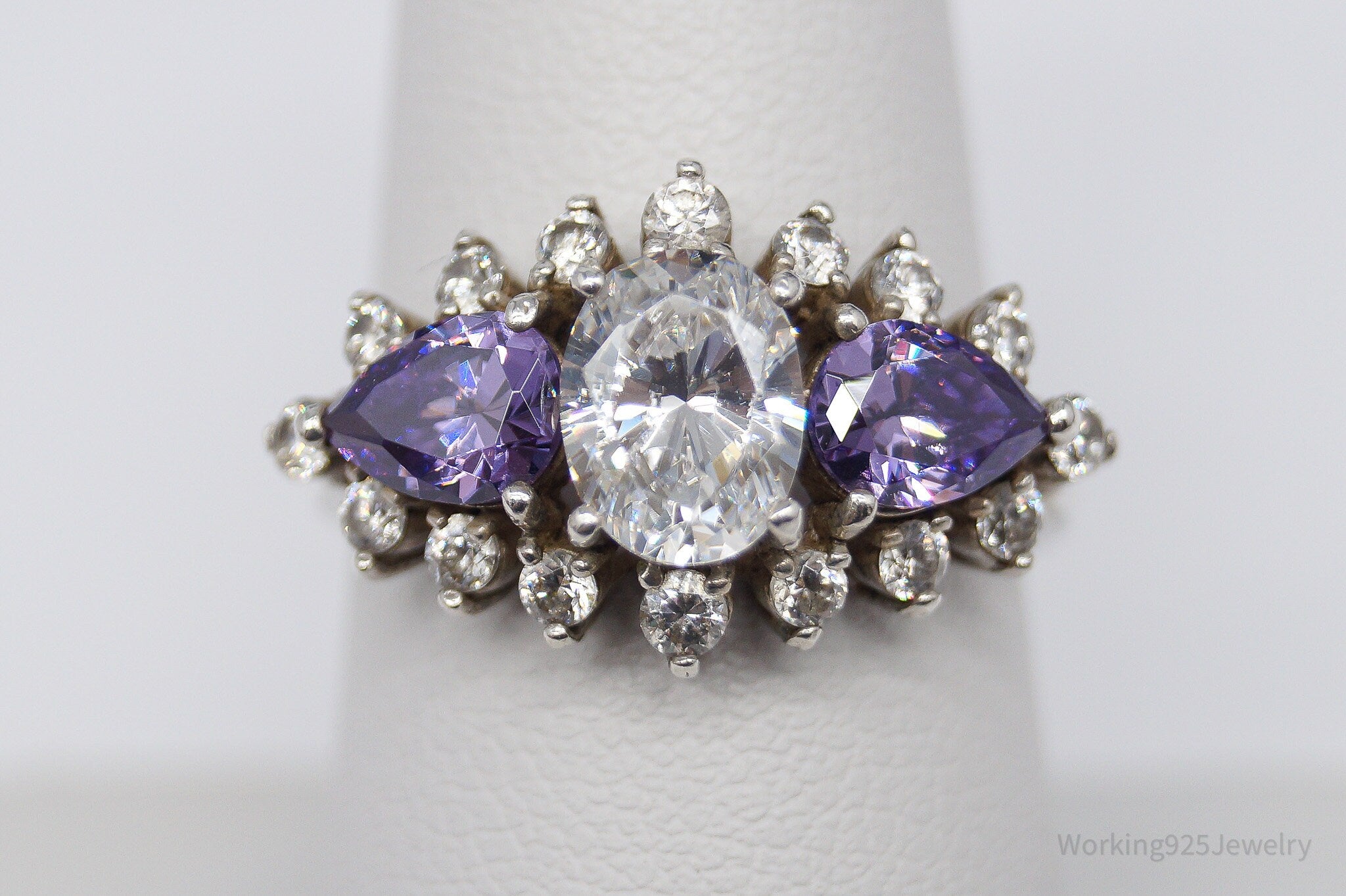 Vintage Purple & White Diamonique Cubic Zirconia Sterling Silver Ring - Size 8
