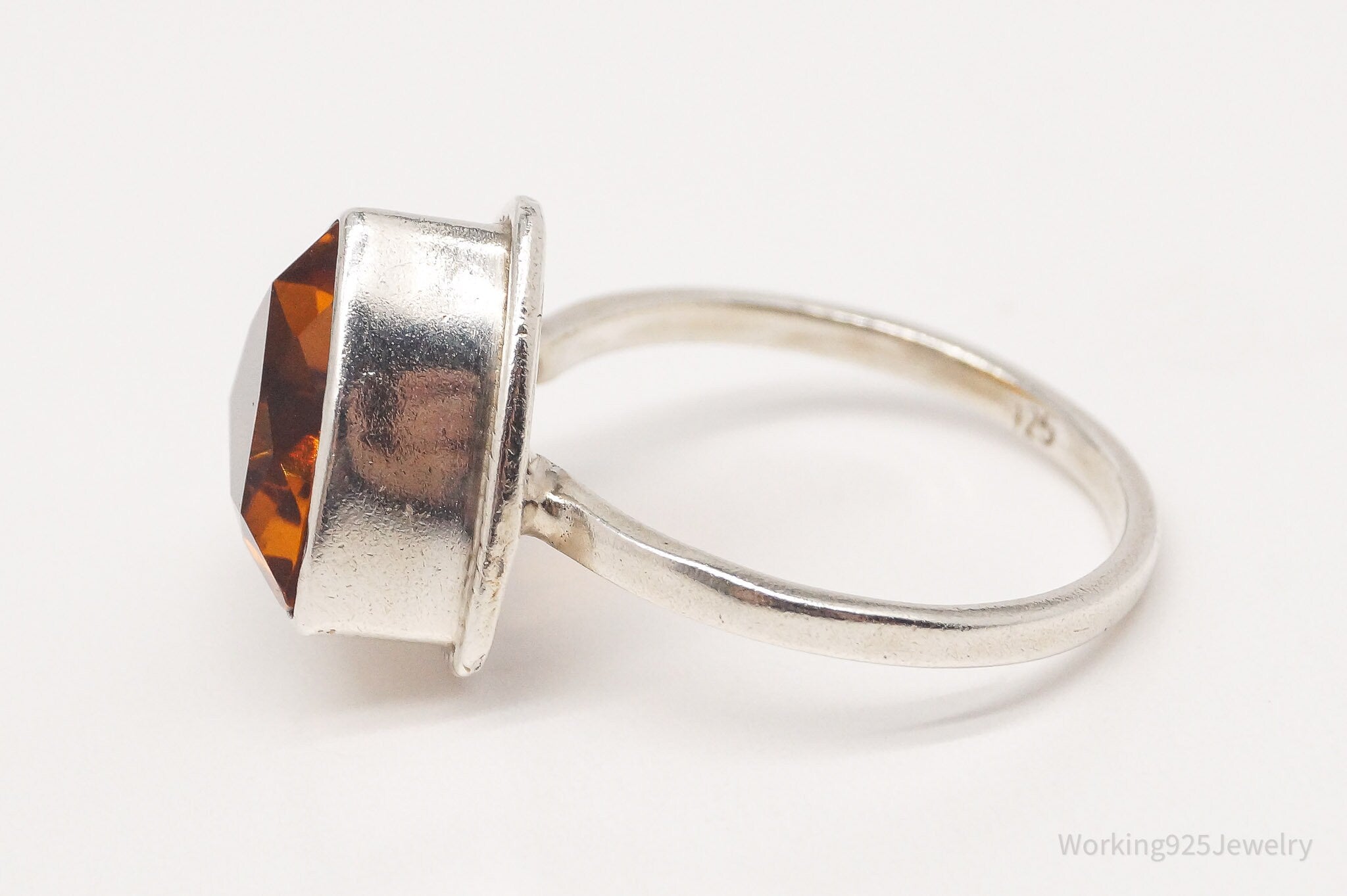 Vintage Large Orange Gemstone Sterling Silver Ring - Size 8.25