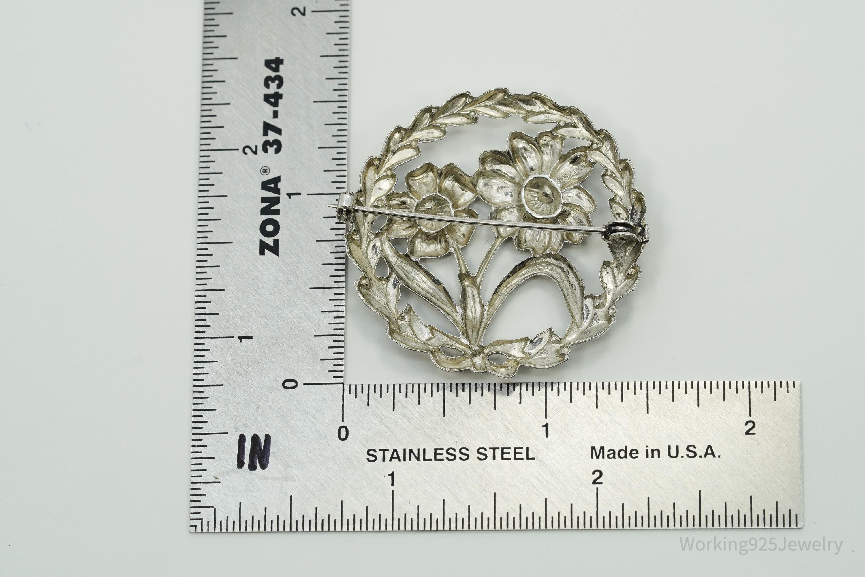 Antique Floral Wreath Sterling Silver Brooch Pin